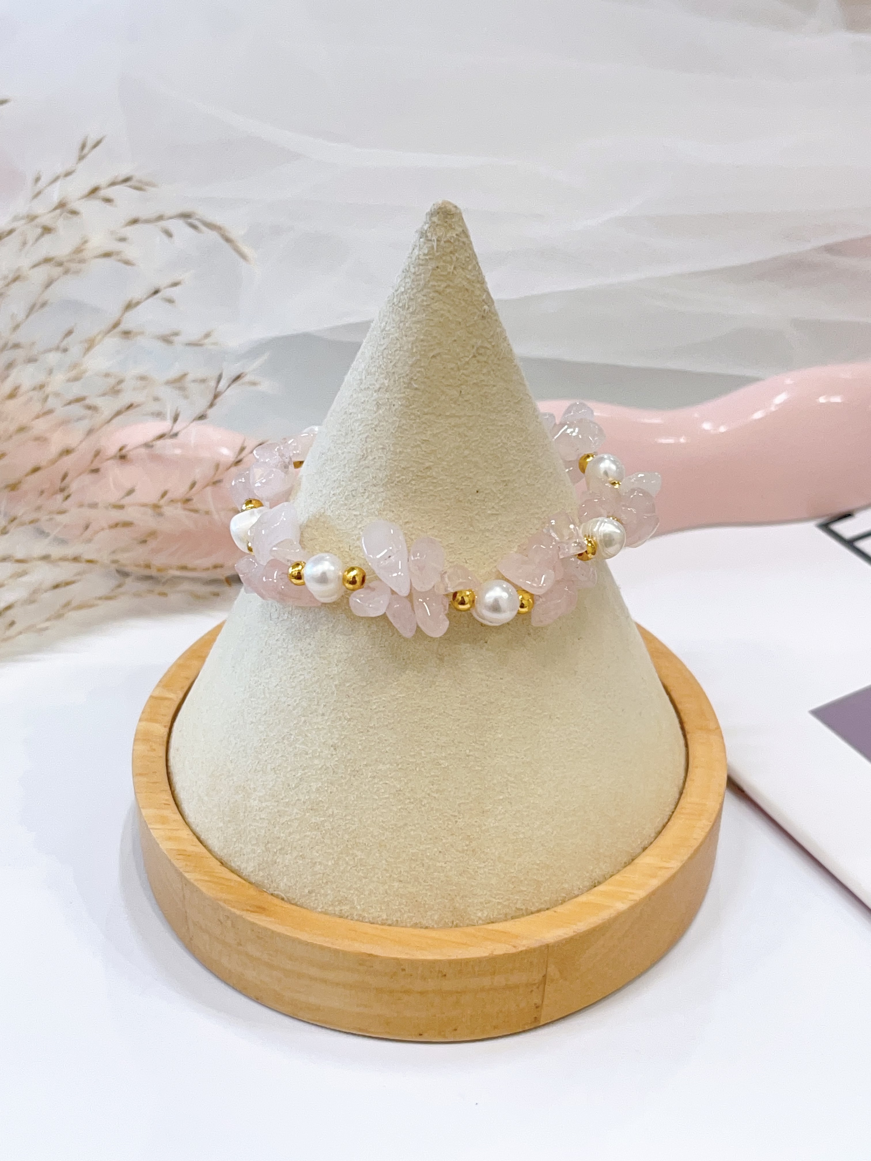 🌈 彩发晶多宝碎石 × 粉水晶碎石 × 草莓晶碎石 × 珍珠手串 Multicolor Rutilated Quartz Chips, Rose Quartz Chips, Strawberry Quartz Chips & Pearl