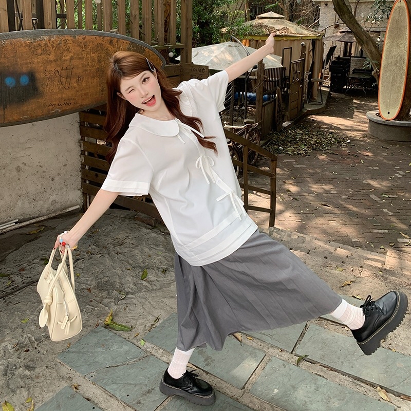 B271(8176) 韩系学院风减龄娃娃领前排蝴蝶结白衬衫上衣