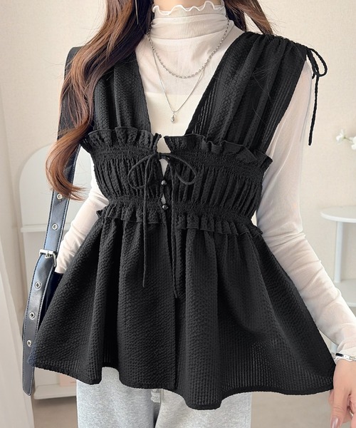 袖緞帶褶襉背心【JT039】