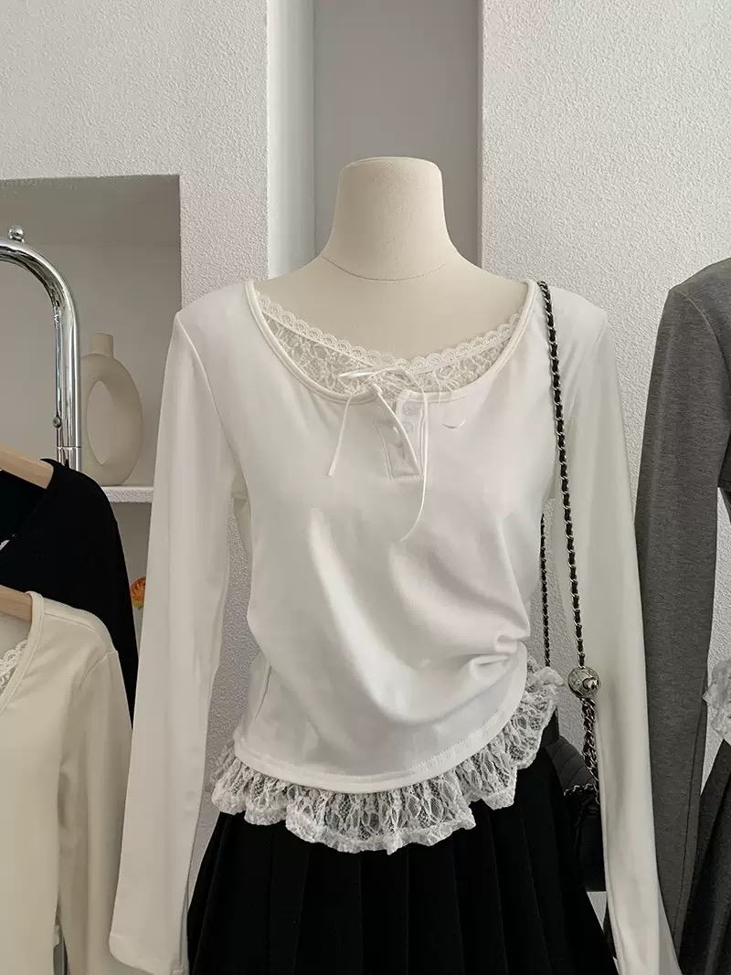 蕾丝花边拼接纯色上衣