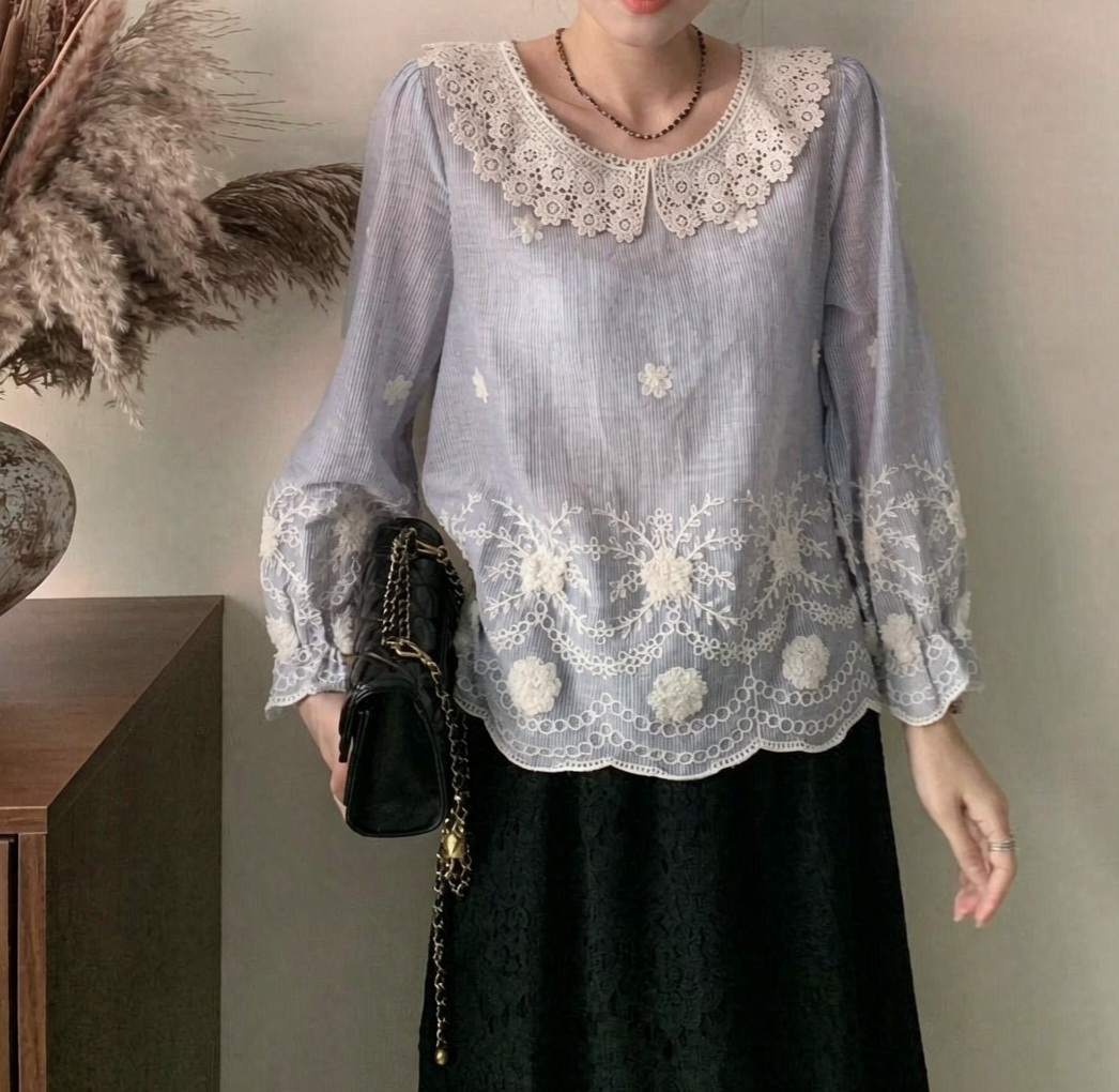 通花領刺繡條紋上衣(M38寸胸/L40寸胸/XL42寸胸)