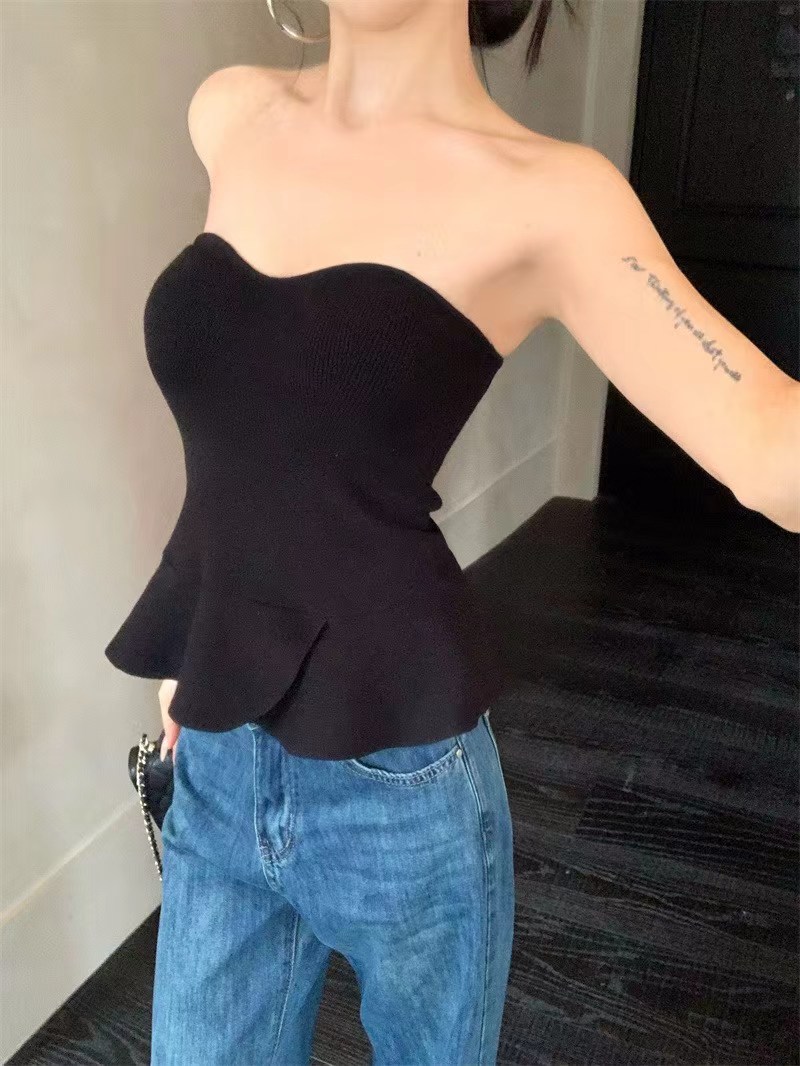 1701 PEPLUM STRAPLESS KNIT TOP 收腰荷叶边抹胸针织上衣
