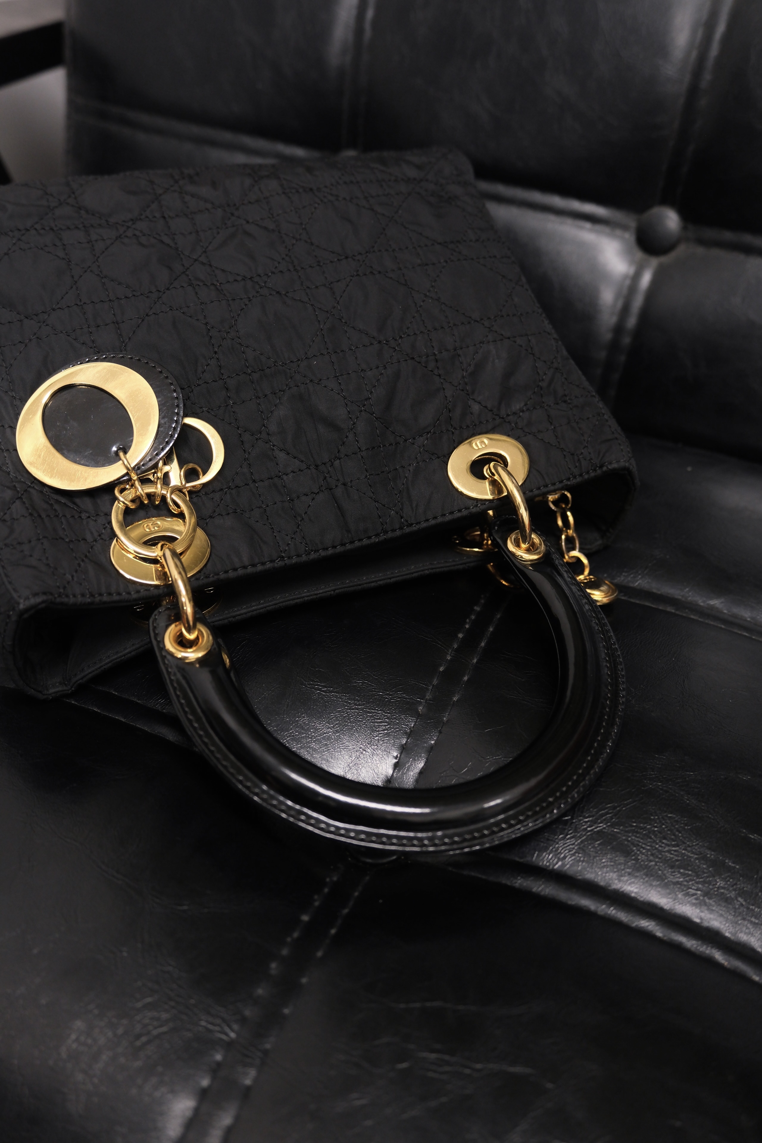 Dior Lady Dior Cannage Nylon Hand Bag Black Gold