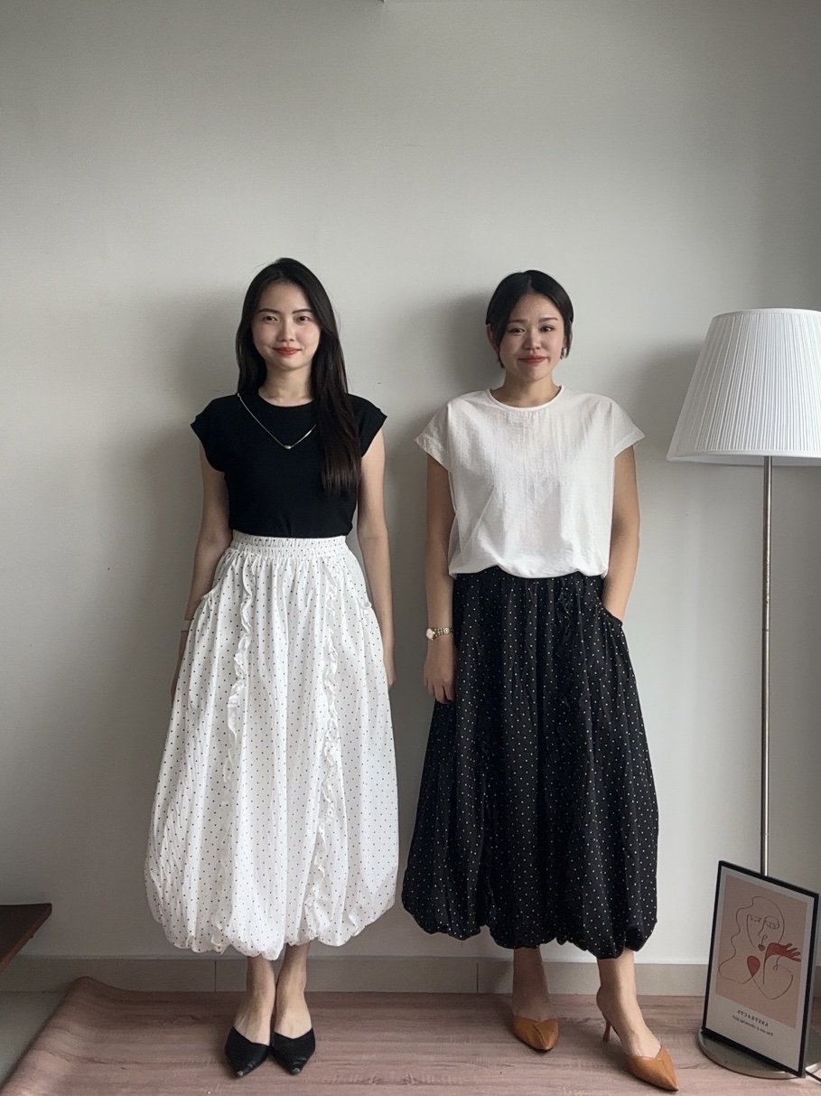 S1934 Long Polka Dot Balloon Skirt - Black & White