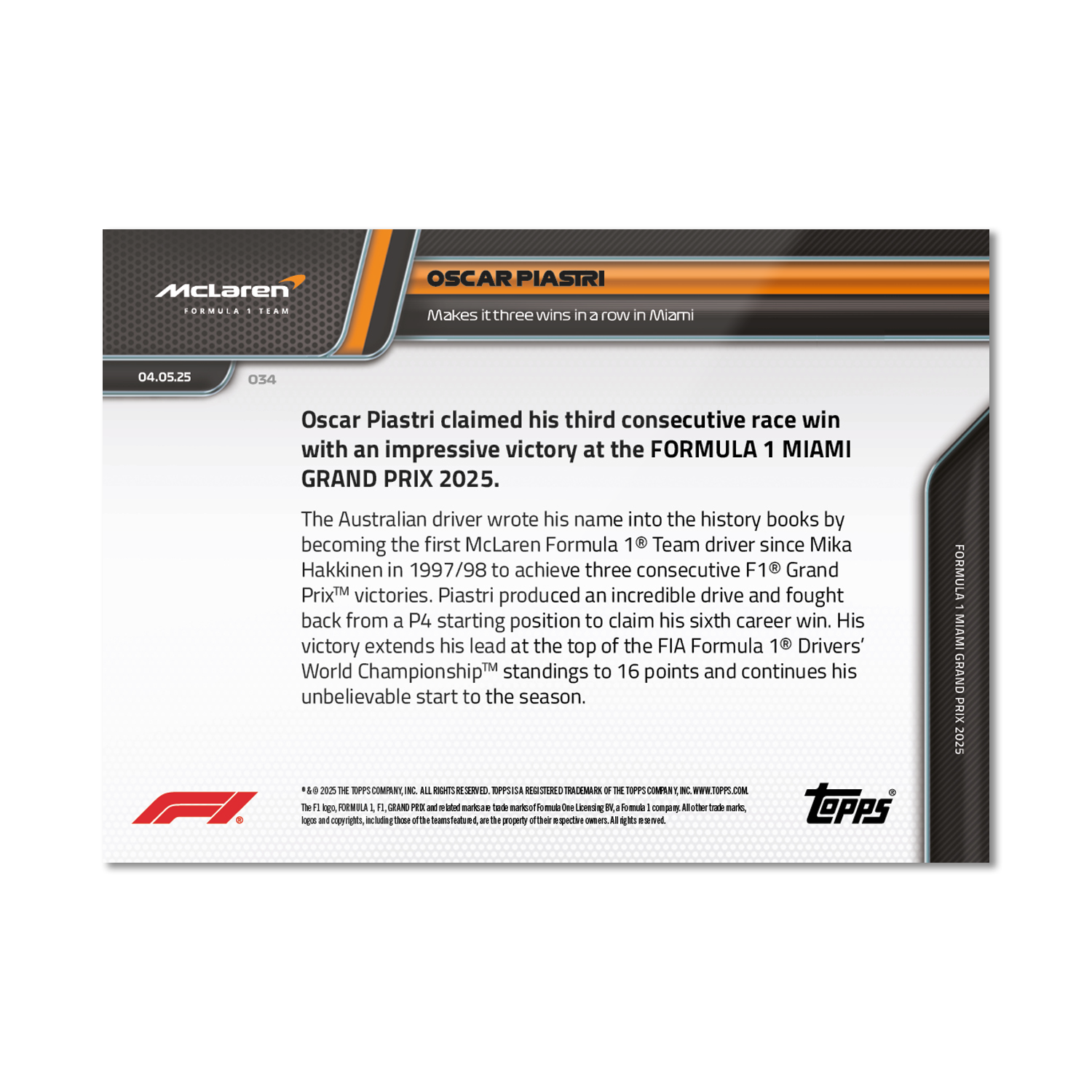 Oscar Piastri - 2025 F1 Topps NOW® #34 Miami GP 贏車卡｜PR 2,260