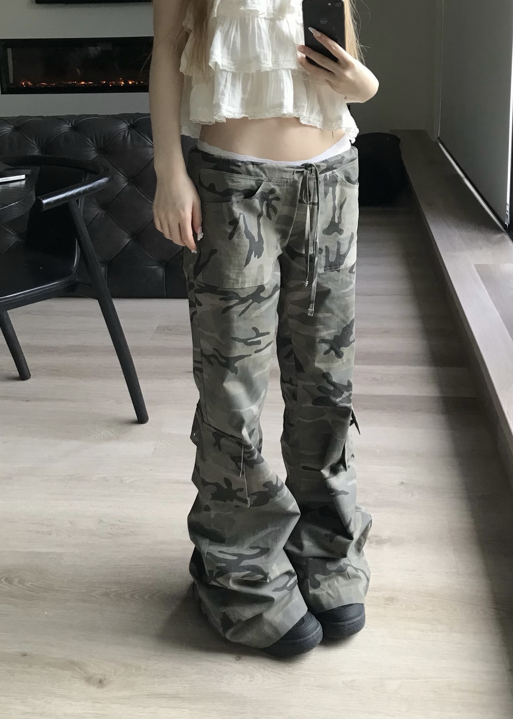 Camo Low-Rise Flare Cargo Pants