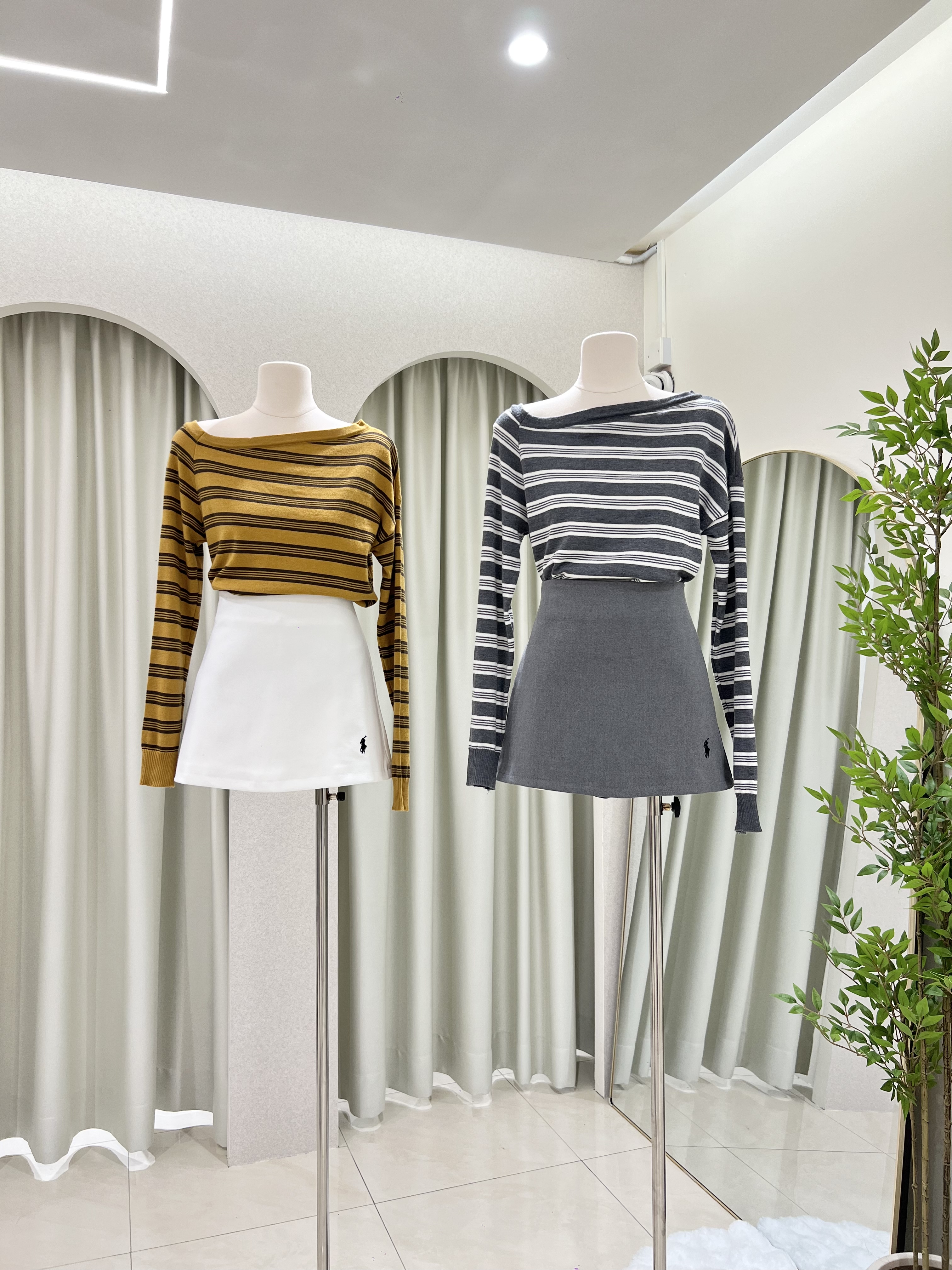 6889 韩系条纹一字肩针织长袖