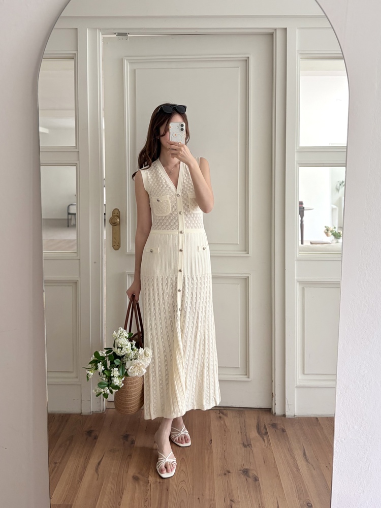 Buttoned Crochet Knit Dress (Ivory)