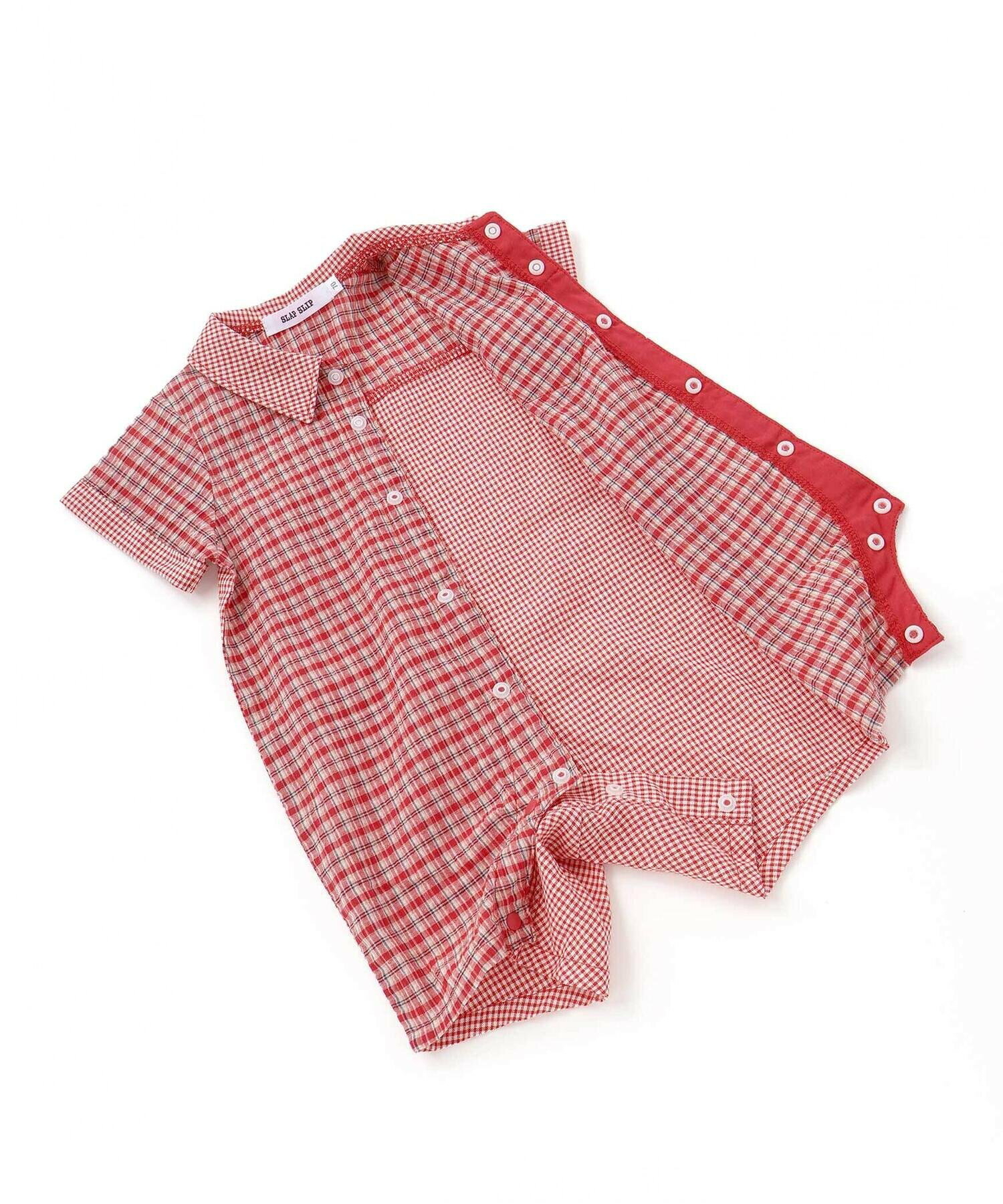 🇯🇵預訂 日本直送🇯🇵Slap Slip Baby兩色小熊刺繡口袋格紋翻領短袖連身服