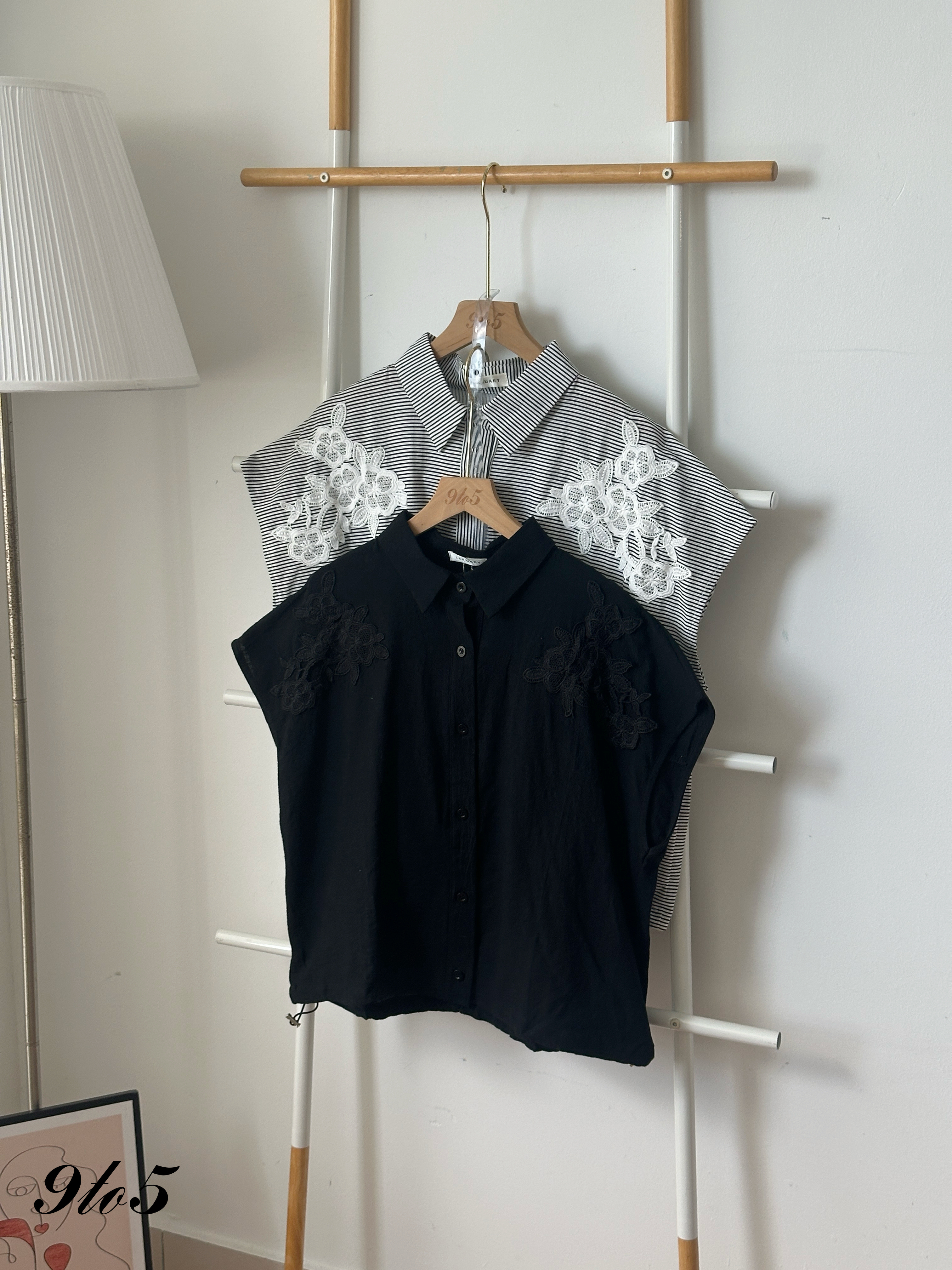 T4259 Cape Sleeve Embroidery Floral Shirt - Black & Stripe
