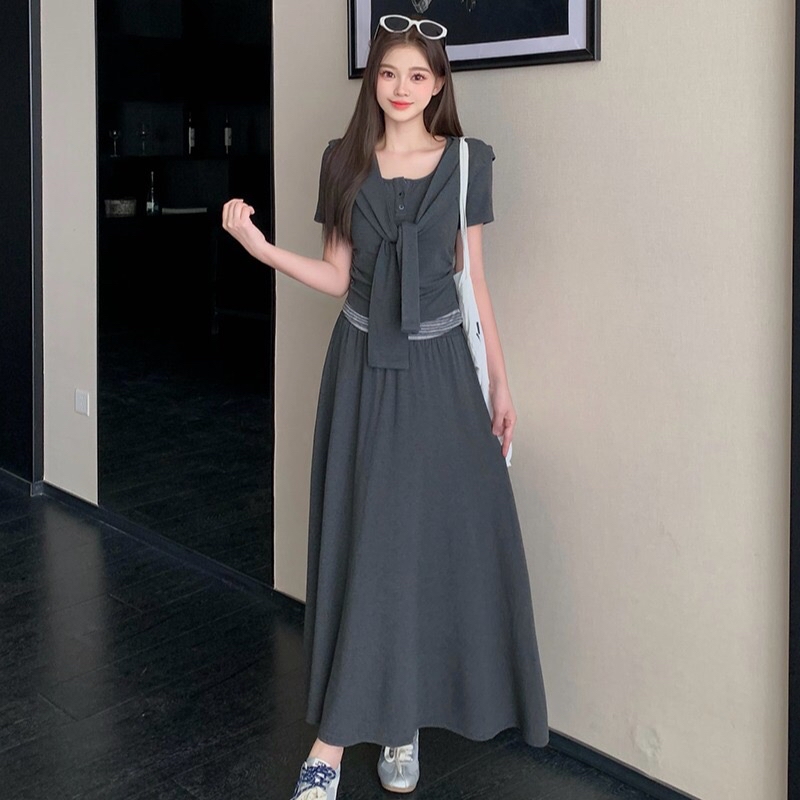 B308(36663) 韩版休闲风假两件拼下摆横纹付披肩上衣与长裙灰蓝套装 