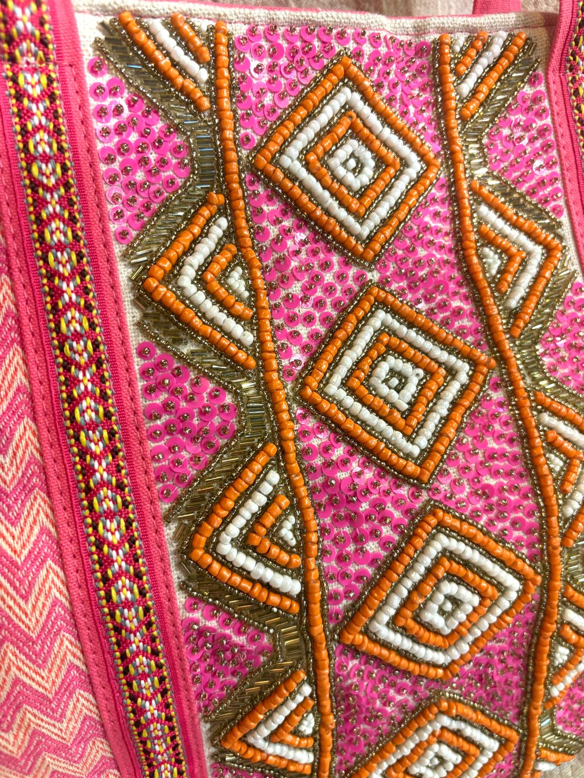 印度製造 - 粉紅色珠串刺繡袋