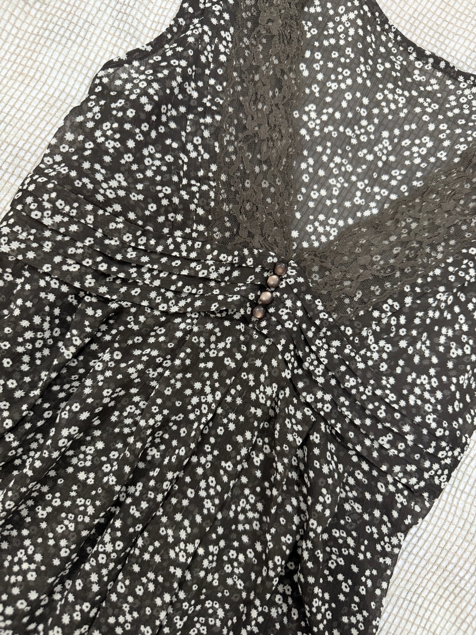 90s Vintage Brown Ditsy Floral Dress with Lace V-Neck
