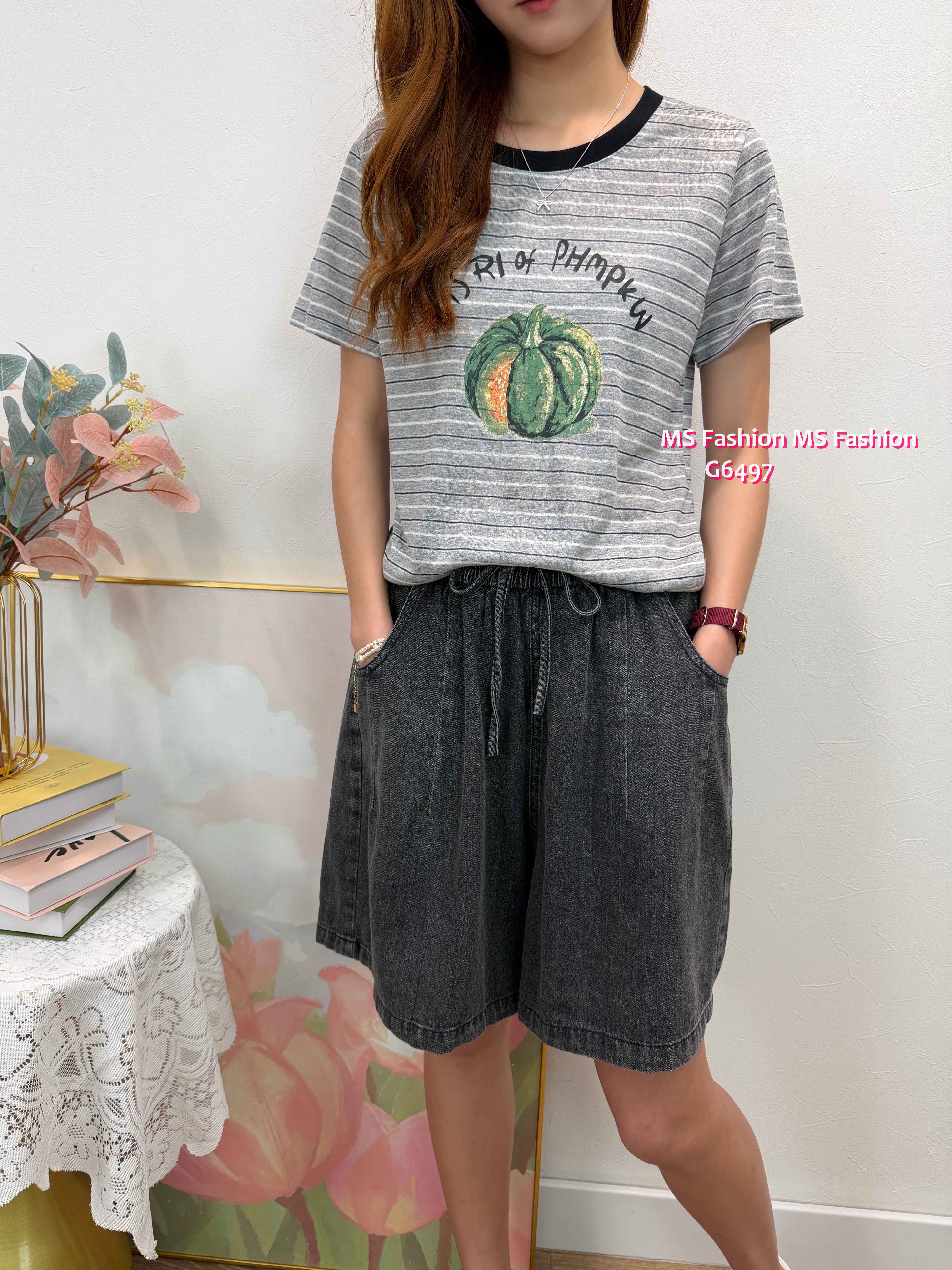 G6497 橫間南瓜print top
