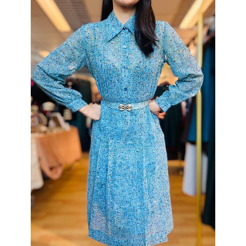Vintage C.a. 1970s Abstract Pattern Sky Blue Shirtdress with Belt (MT2260-6)
