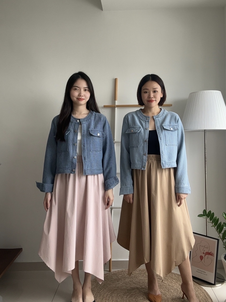 T4165 Tweed Style Denim Jacket - Dark Blue & Light Blue