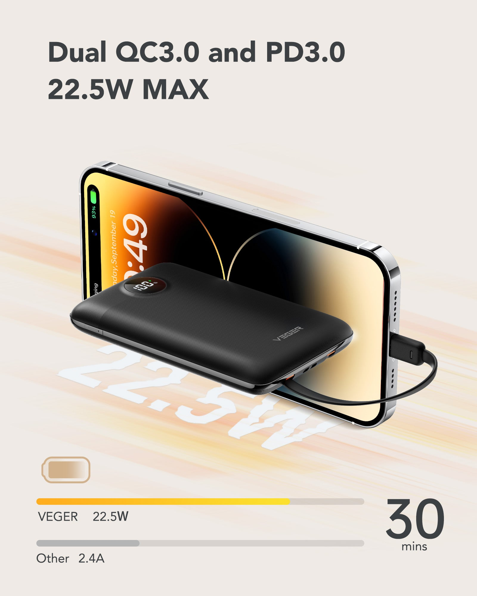 VEGER POWER C11 10000mAh 自帶PD充電線 可攜式移動電源 powerbank < Lightning + Type C >
