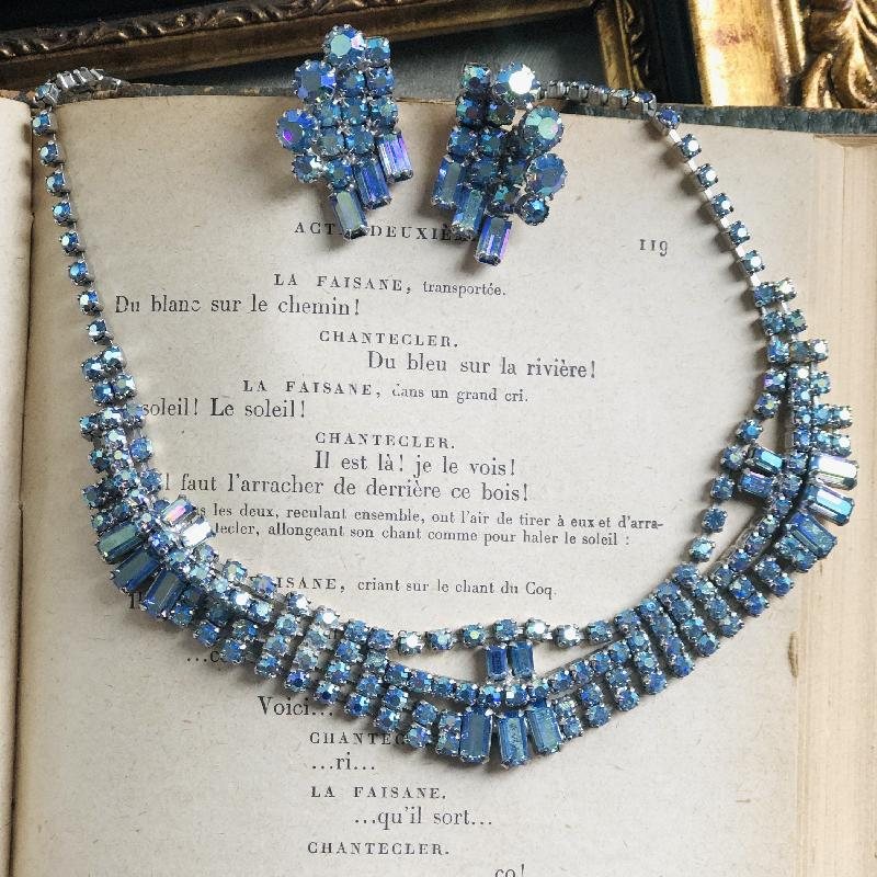 C.a. 1950s Canadian Continental Blue Aurora Borealis Cocktail Jewelry Set(MT1987)
