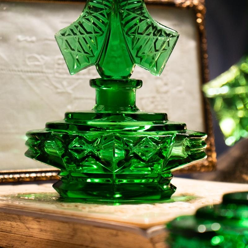 1960s Czechoslovakia Art Deco Inspired-Pattern Pressed Glass Vanity Perfume Bottle - Emerald Green (MW013)