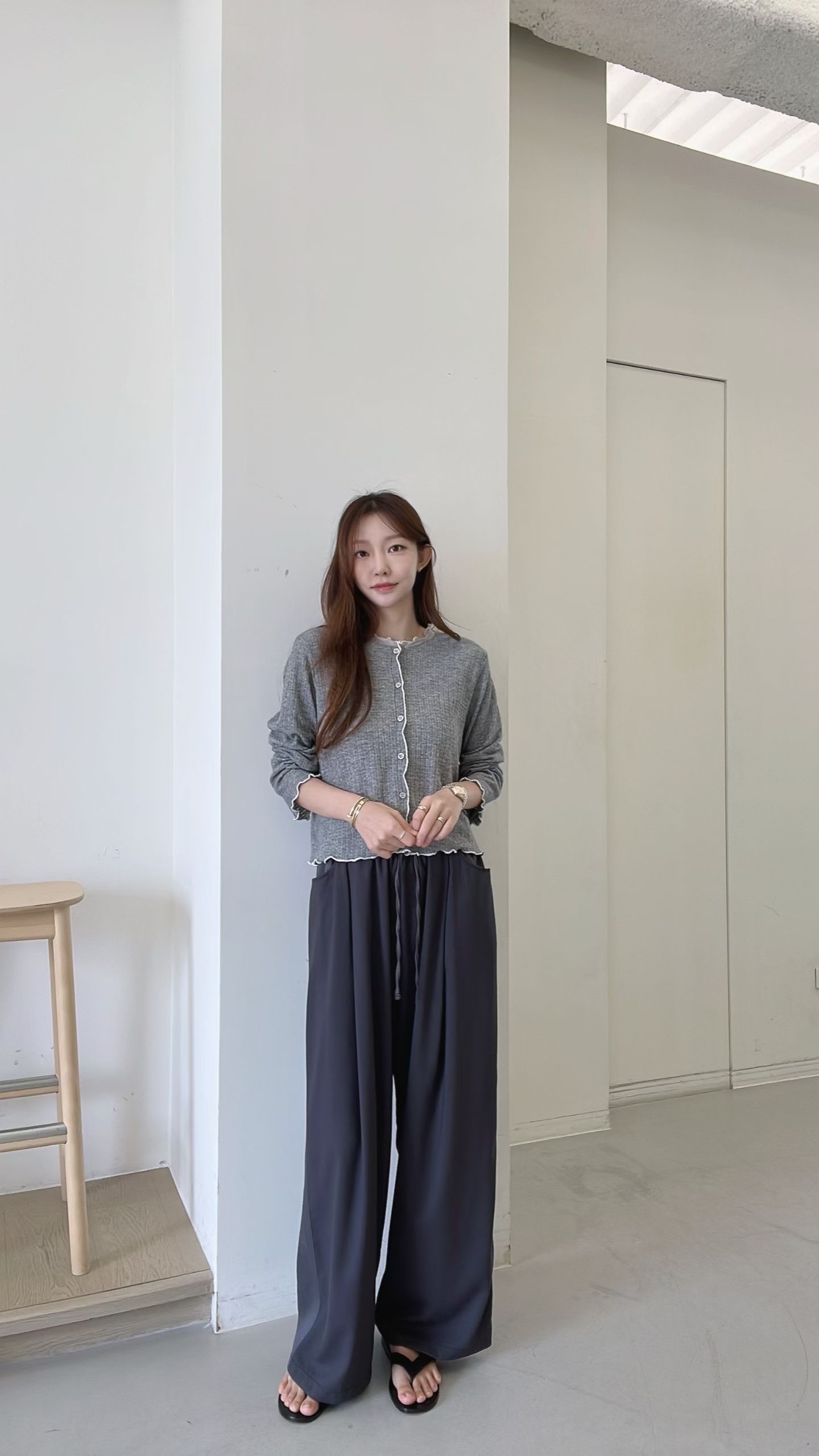 FV3 木耳邊拼色窩夫紋Cardigan 
