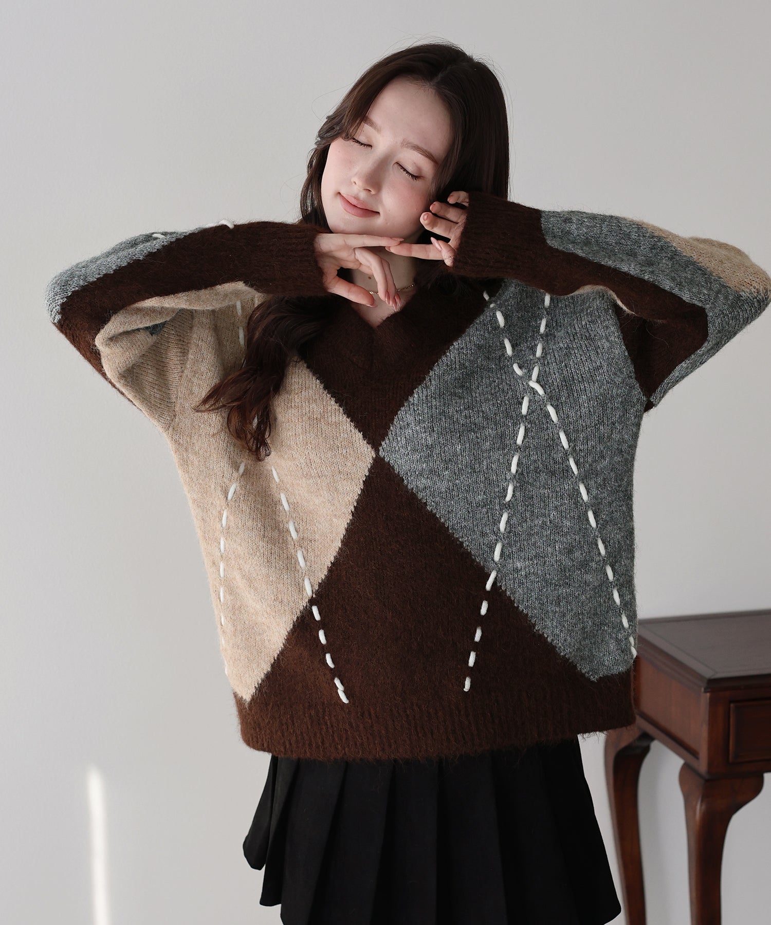 <限量現貨><JP> 店主自留！糯米糍～菱格縫線寬鬆Knit Top * 2色入