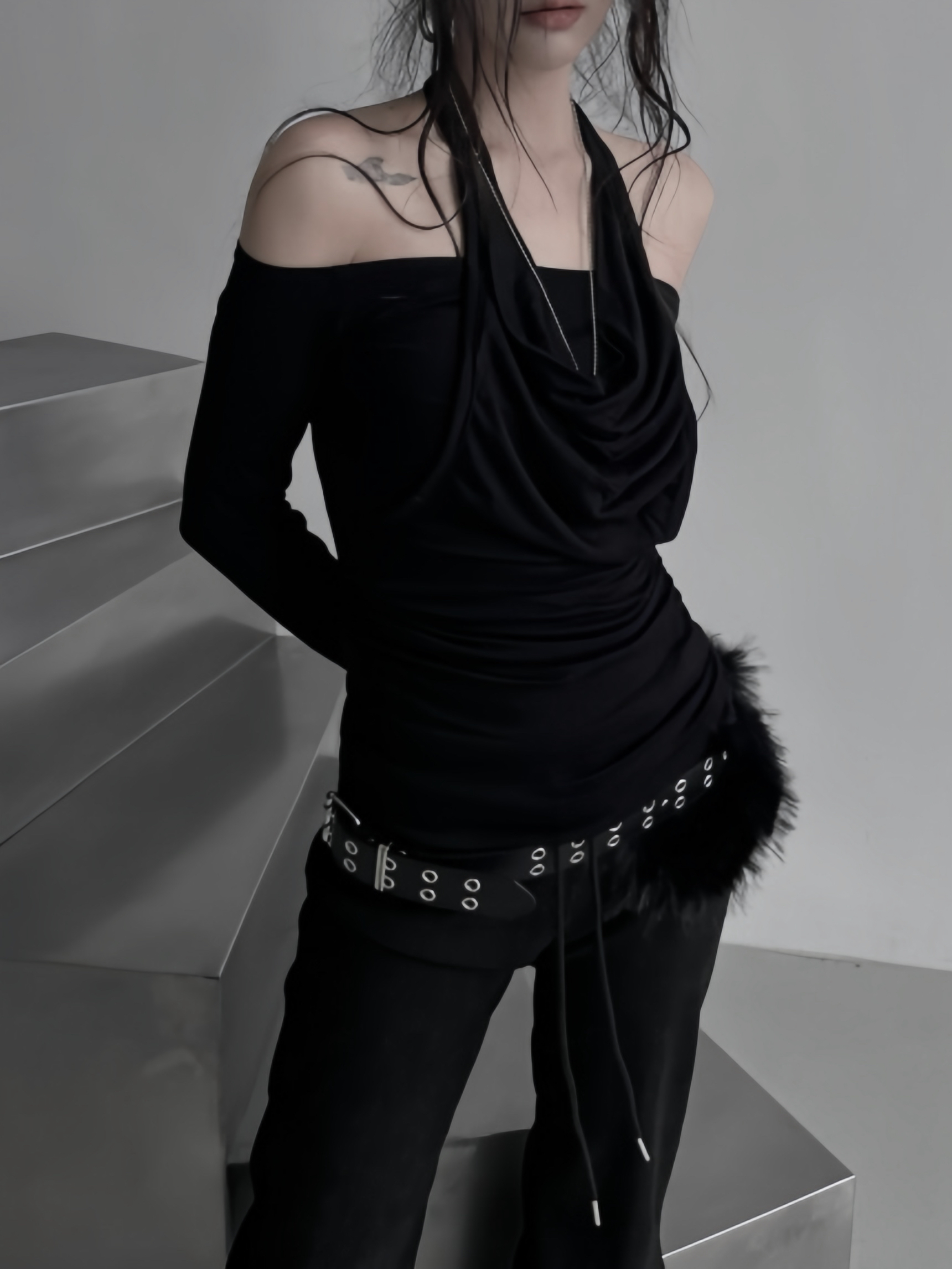 Halter Off-Shoulder Ruched Long Sleeve