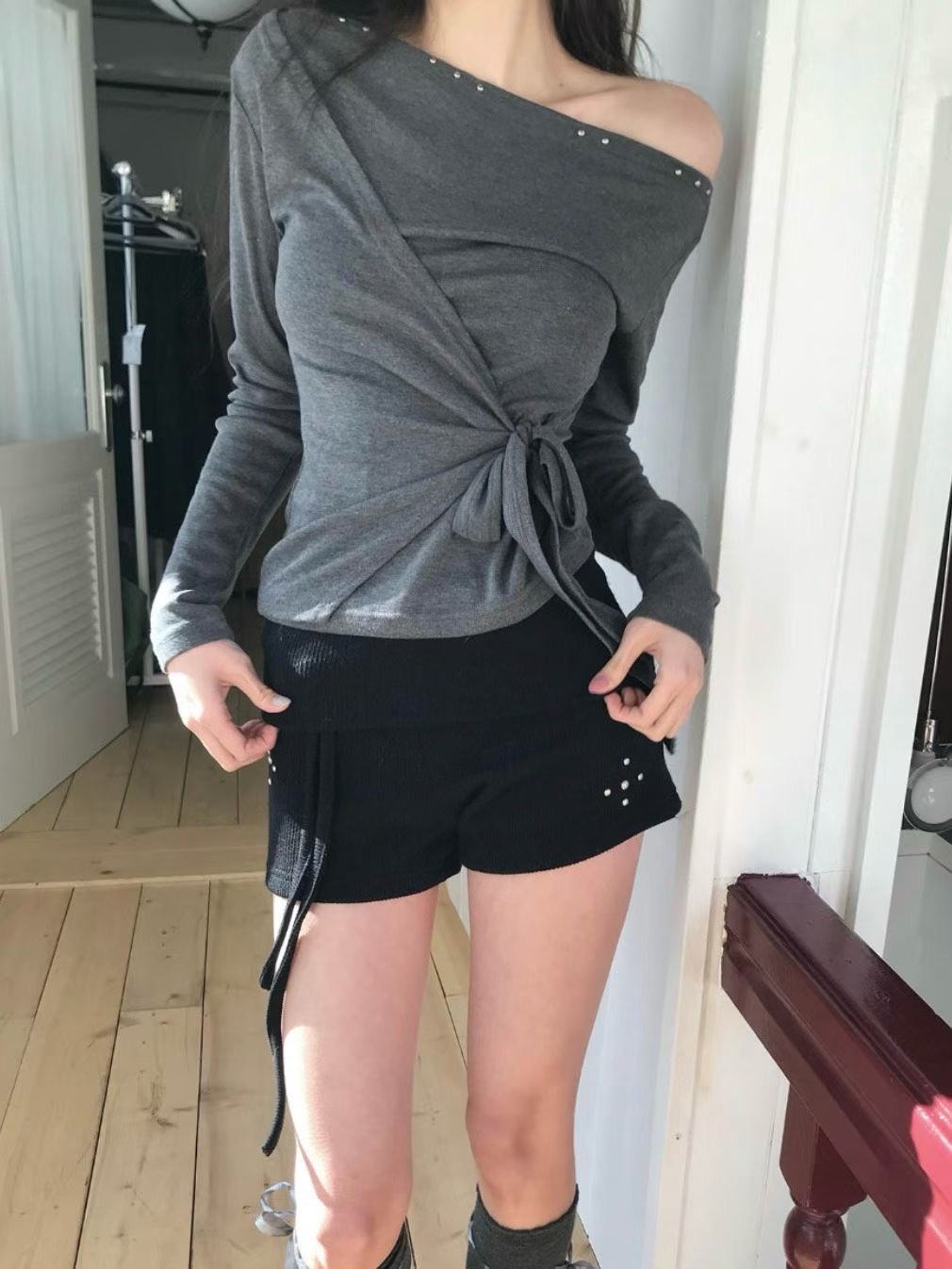 韓國十字架窩釘綁帶針織短褲