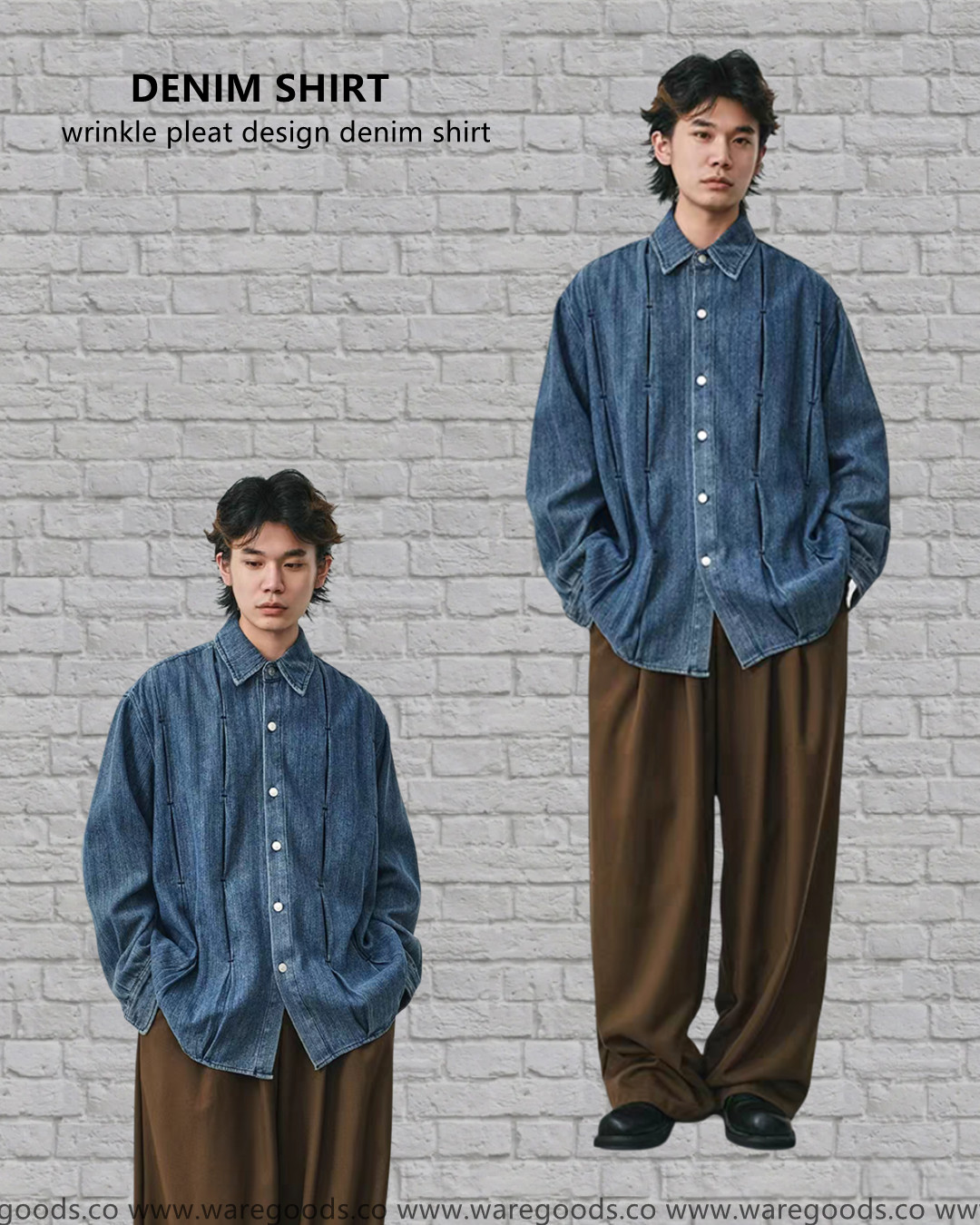 W0315復古打褶設計牛仔恤衫