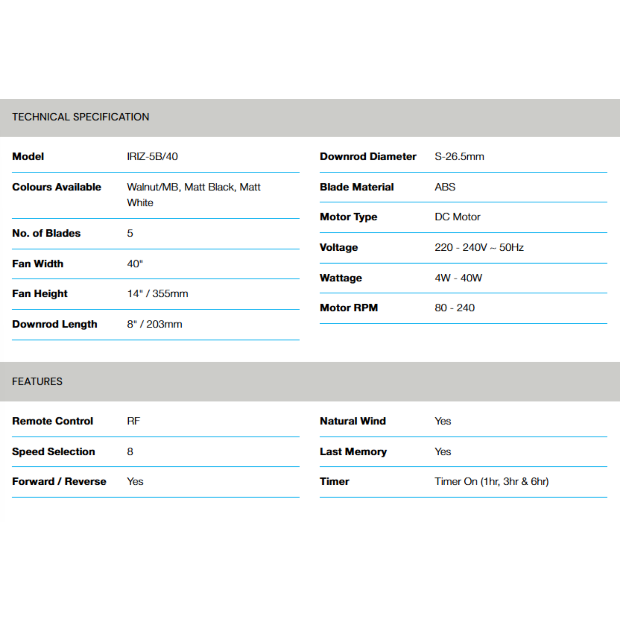 Alpha 40" Iriz DC Motor ABS Ceiling Fan (IRIZ-5B)