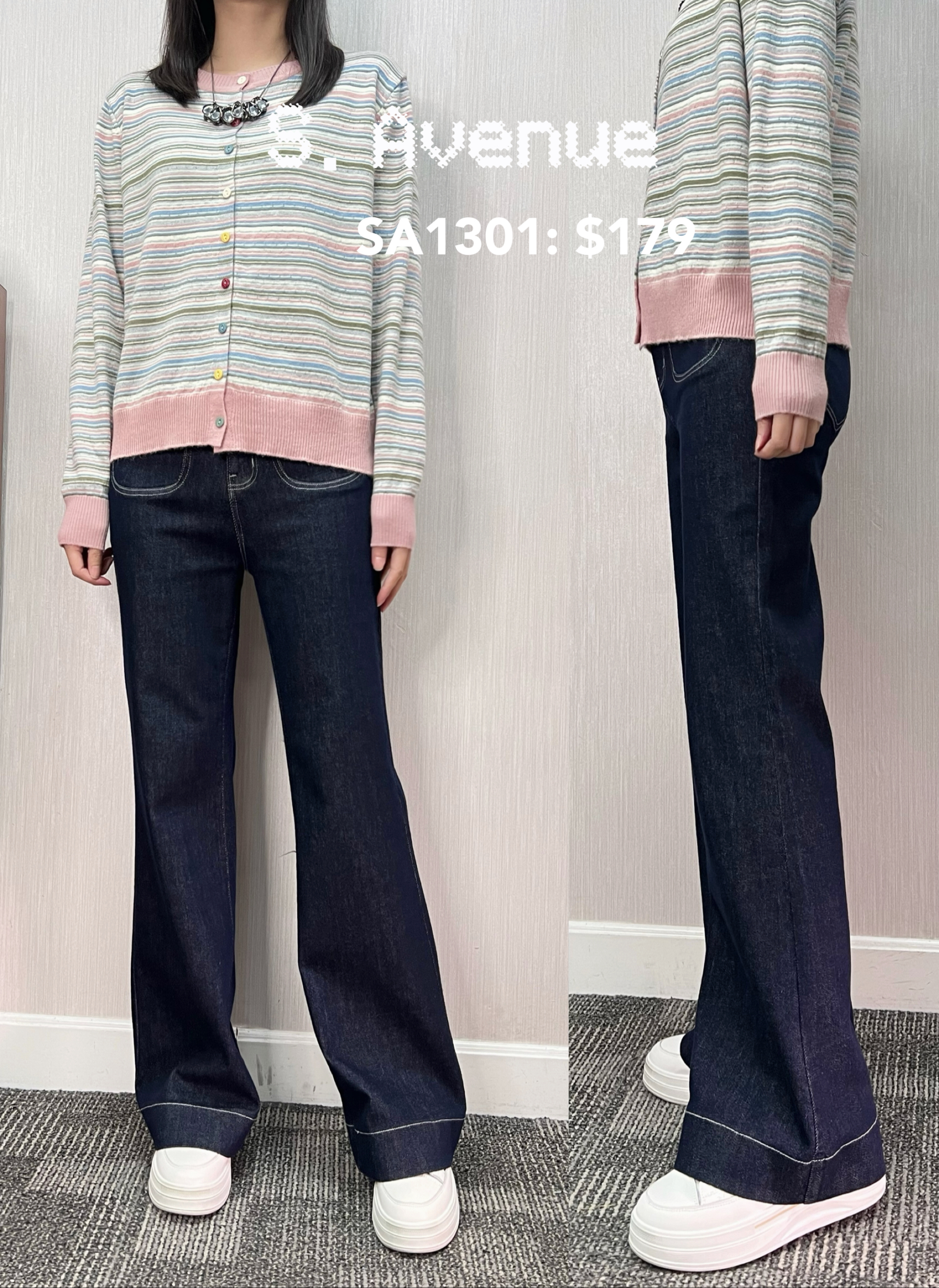 SA1301: 前有鈕有拉鍊腰內橡根前方袋顯瘦筒喇叭牛仔褲