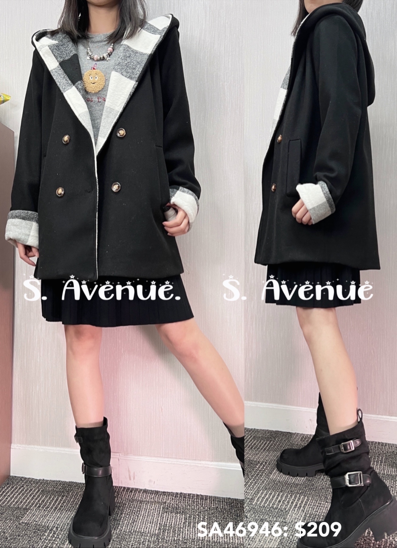 SA46946: 長袖有帽格仔邊雙鈕絨褸