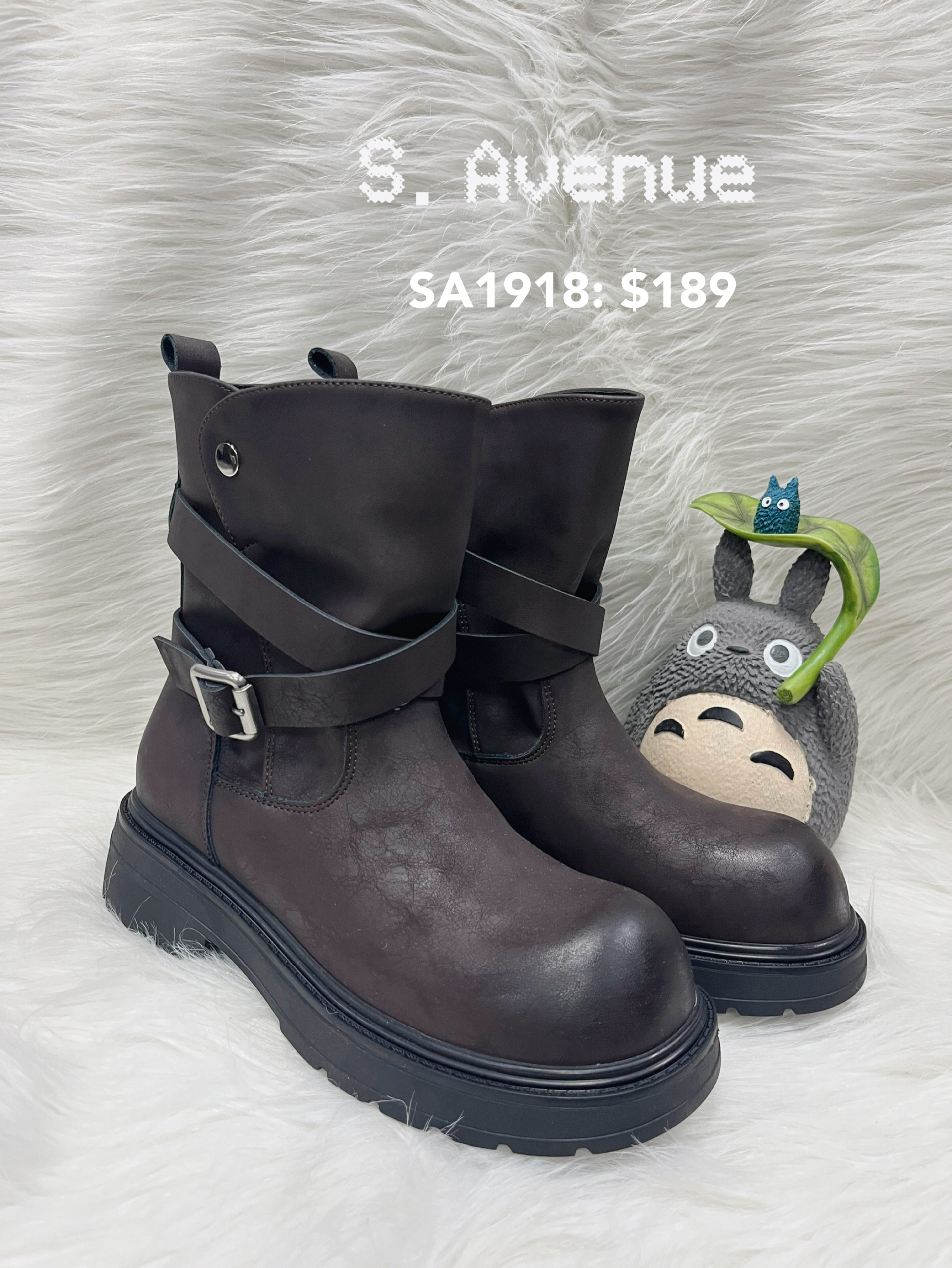 SA1916:  圓頭交叉帶仿皮厚底boot