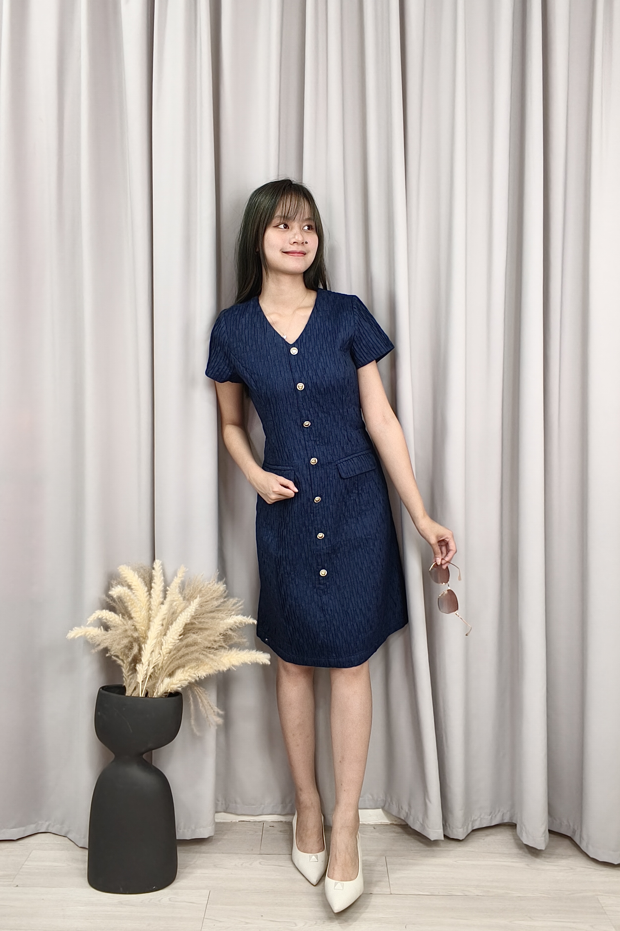 25685 Textured Button-Front Tailored Dress