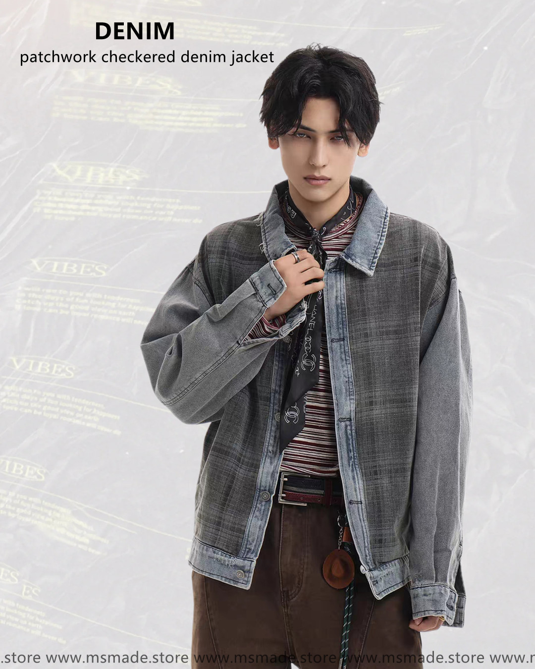 M2622格紋拼接水洗牛仔外套