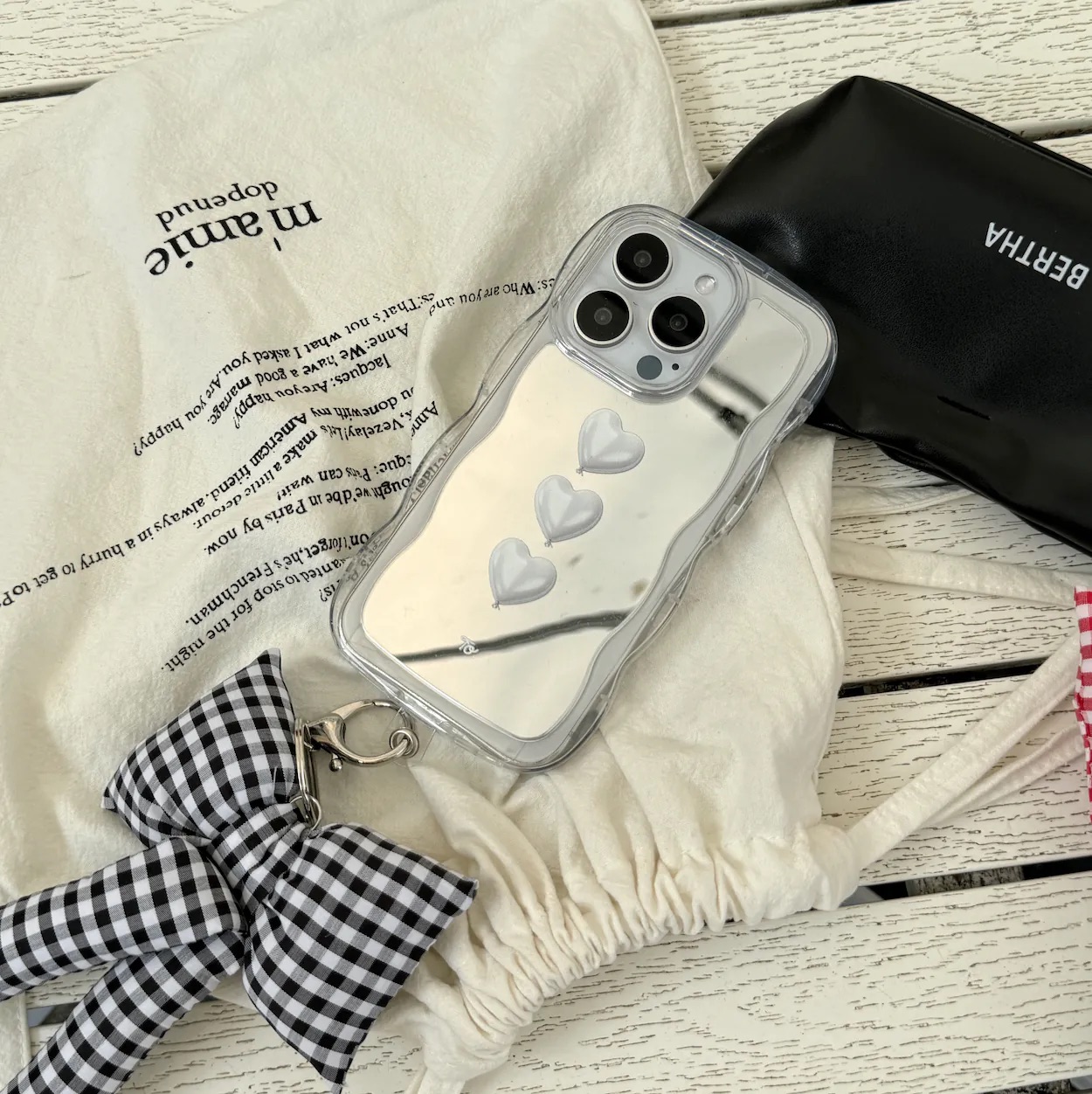 Phone Charm Set｜布款大蝴蝶結掛飾*黑色格子*