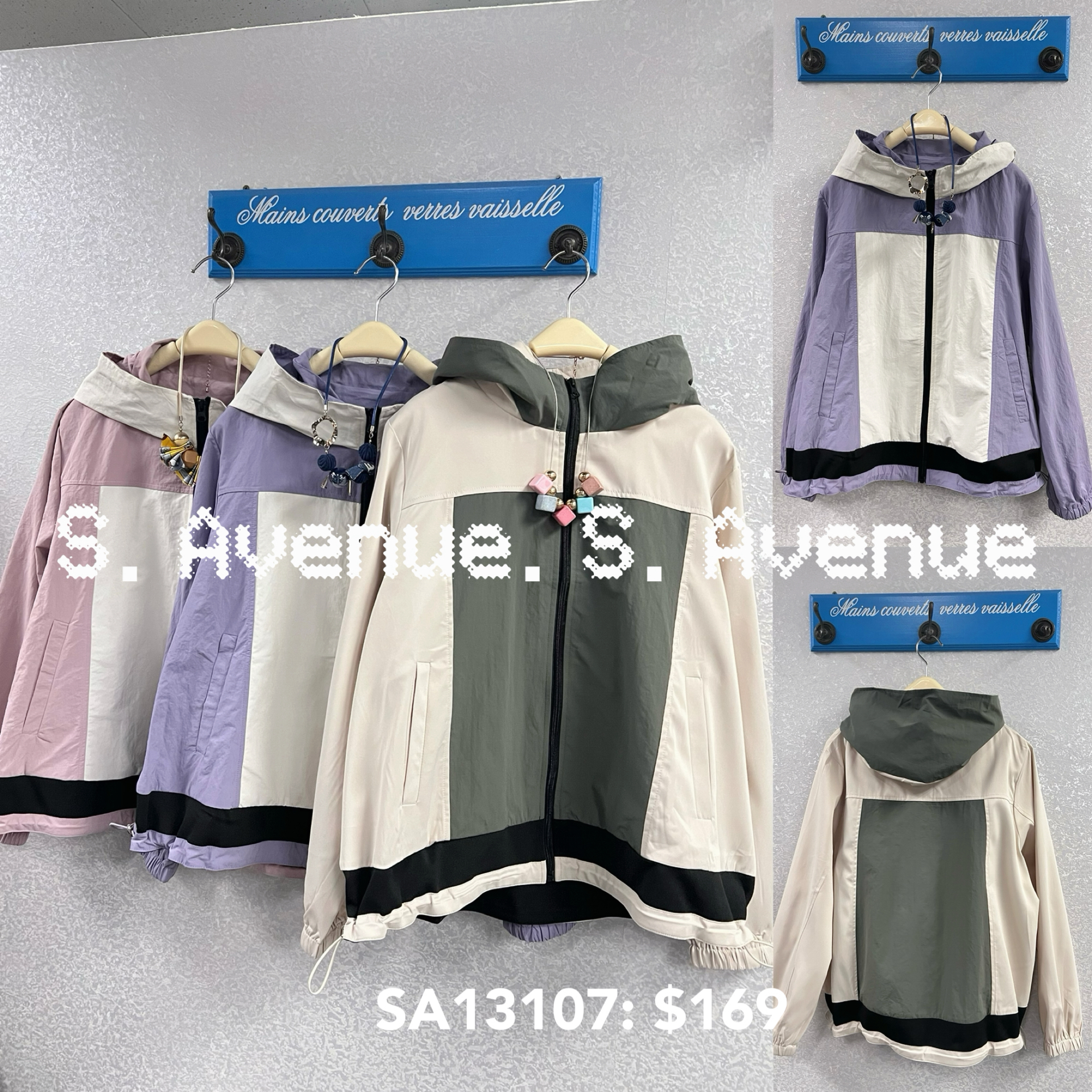 SA13107: 長袖有帽拼色拉錬外套