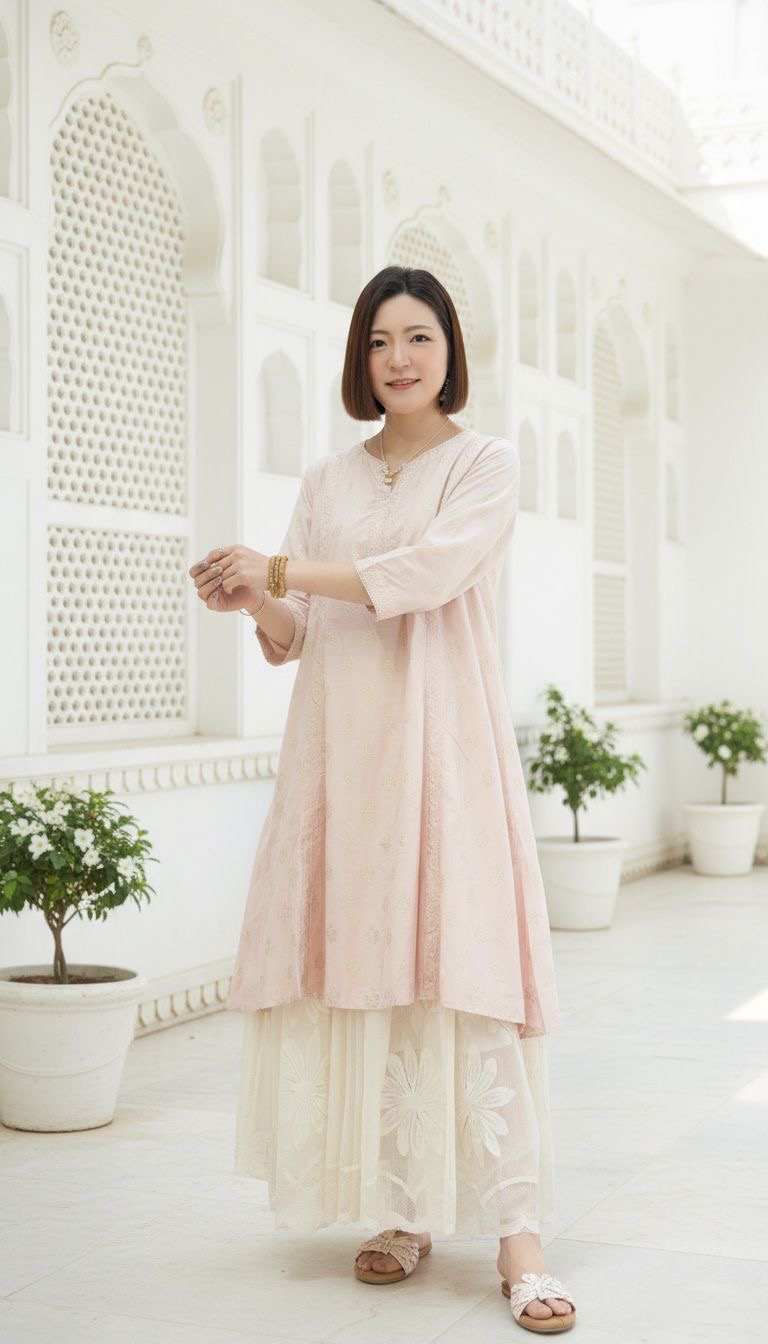 2214 Light Pink Gold Print V-Neck Kurta 37"