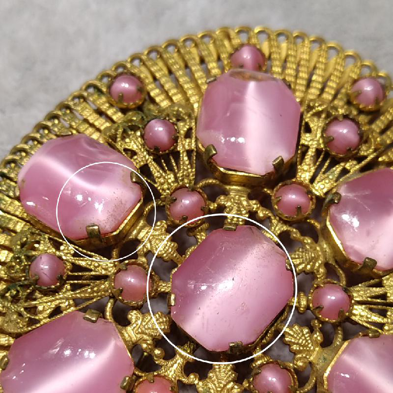 Antique Early 20th Century Czechoslovakia Moonglow Pink Glass Statement Brooch (AI075)