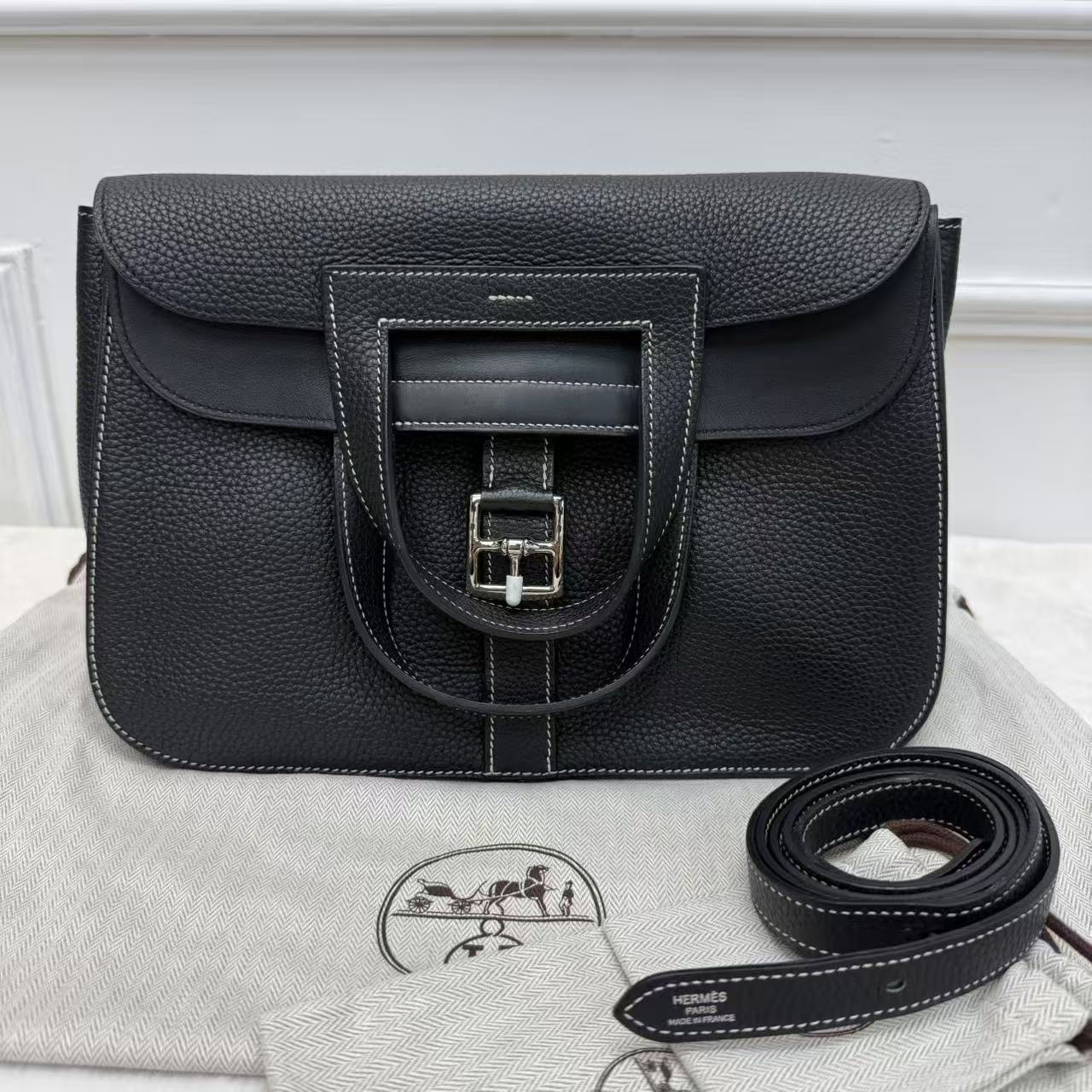 Hermes/愛馬仕 halzan31 哈喇子斜挎包 黑銀 走白線 Togo皮 手提單肩包