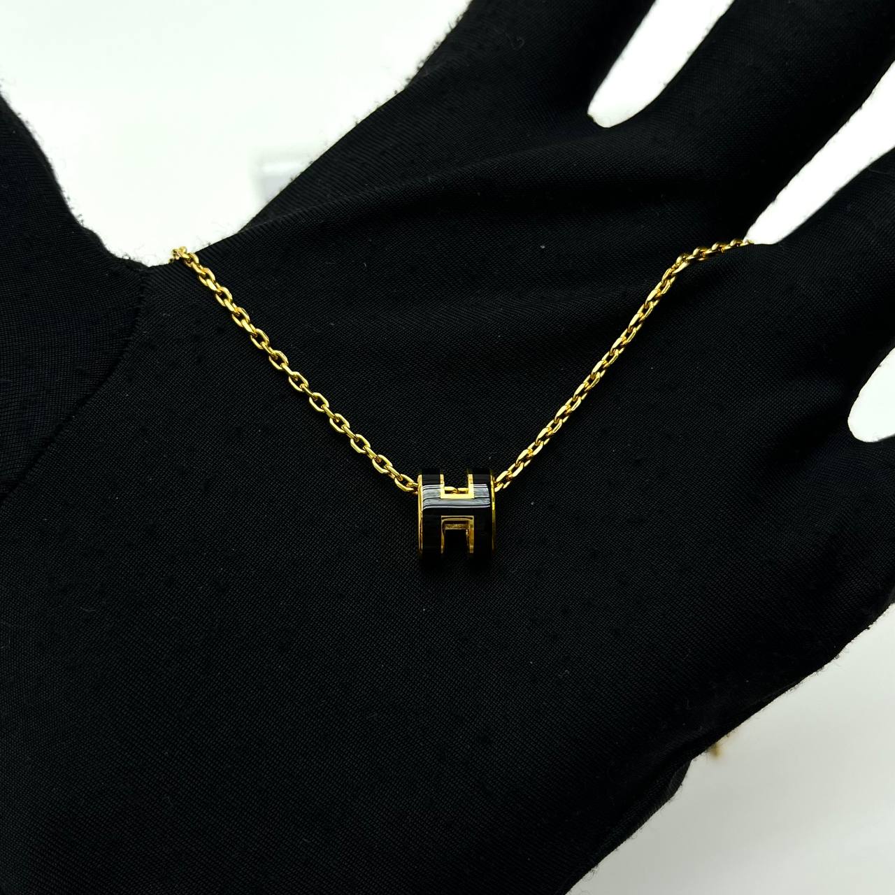Hermes Black Mini Pop H Necklace GHW