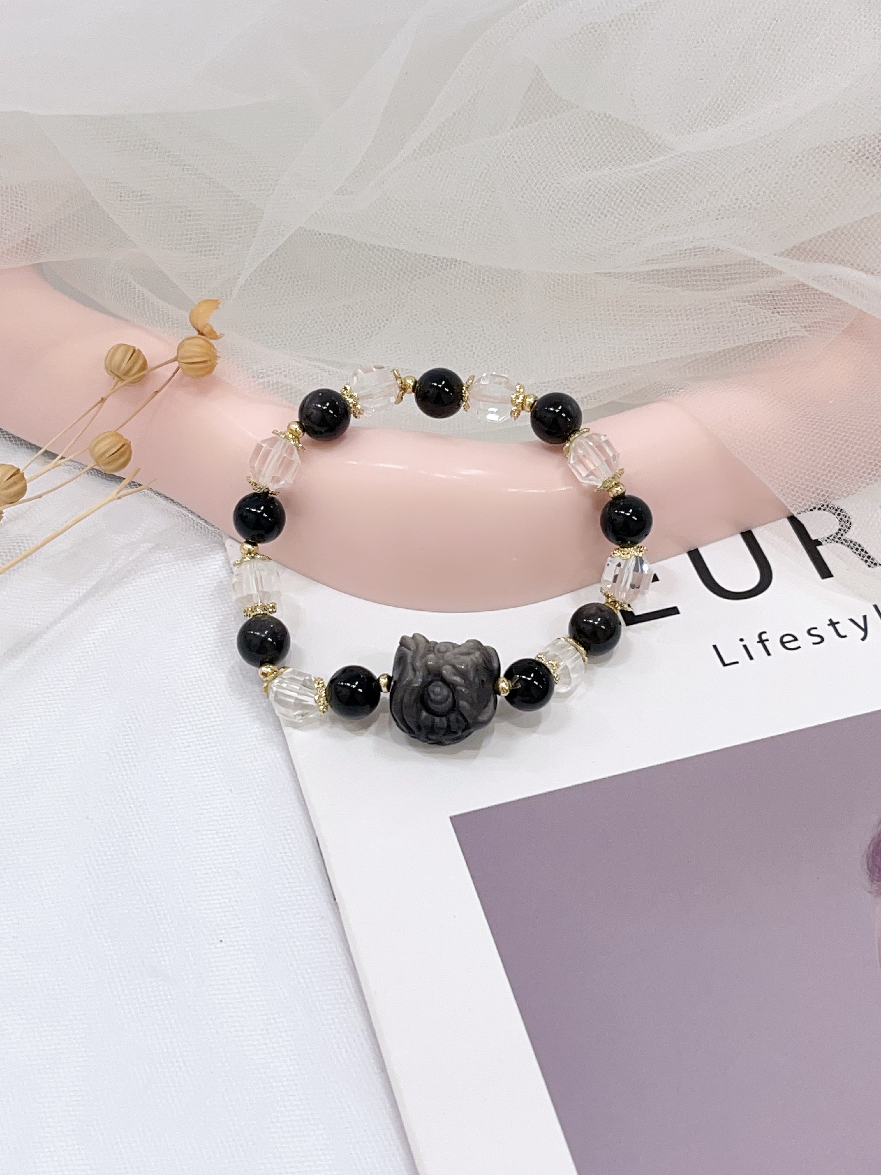 🦁 银耀石醒狮 × 黑曜石 × 白水晶手串  Silver Sheen Obsidian Lion & Obsidian & Clear Quartz｜守护能量