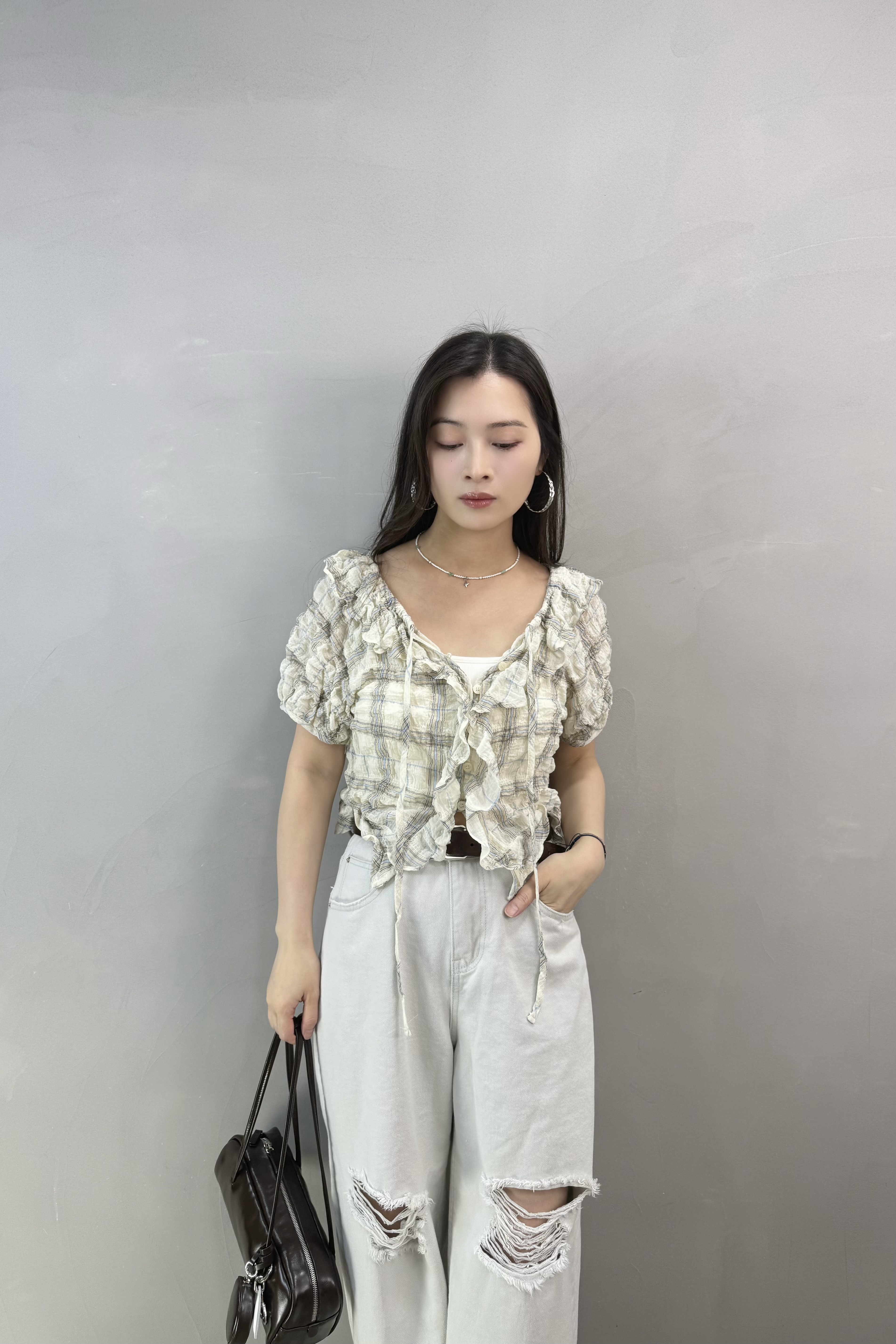 W68 格仔ruffle Top