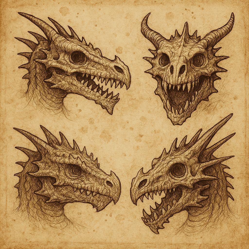 Representation of historical manuscript drawings of dragon skulls.