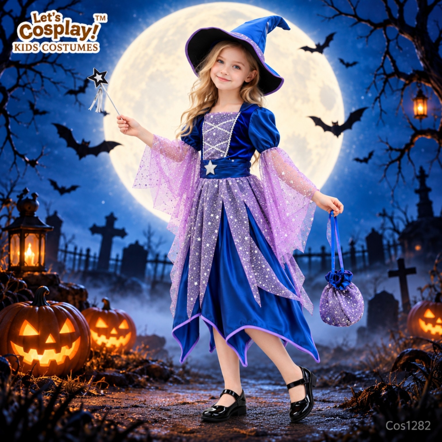 Let's Cosplay 兒童星空小女巫萬聖節角色扮演服 帽＋裙／魔法棒／糖果袋 Halloween Kids Costume COS1282