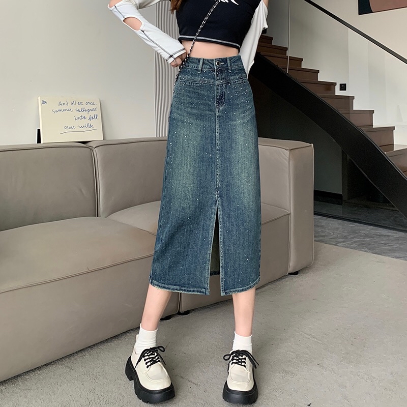 B274(30366) 韩版JEANS时尚高级感烫钻前开角蓝长裙