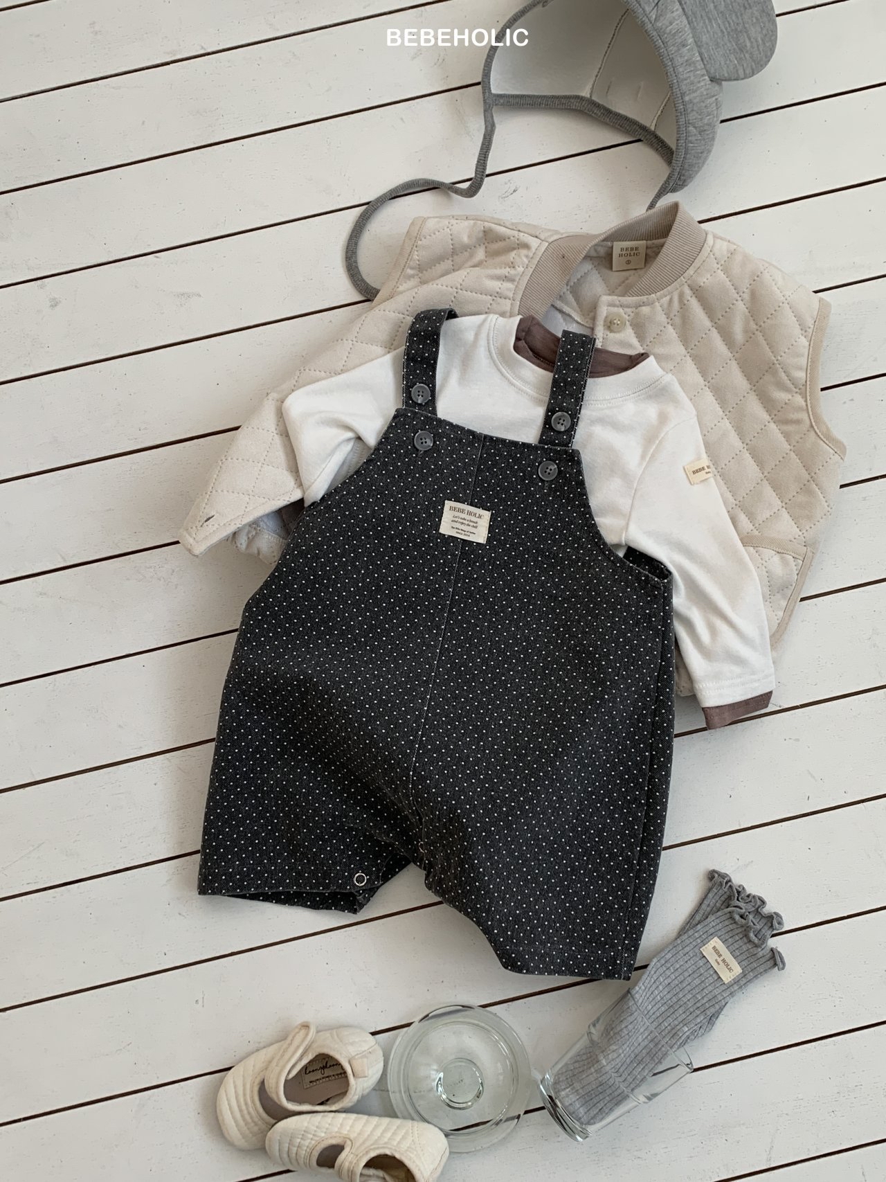 🌸預訂 韓國直送🌸🇰🇷BEBEHOLIC兩色兔耳造型波點吊帶連身褲