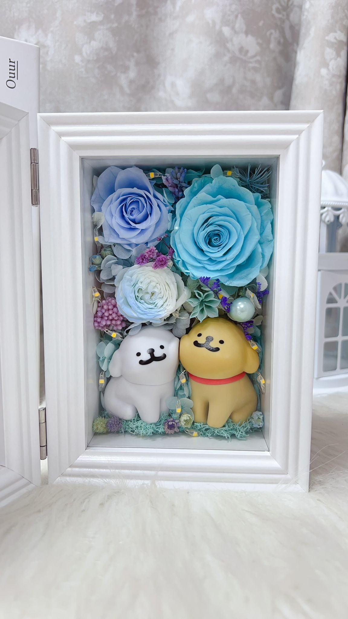 線條小狗藍玫瑰永生花4R相框