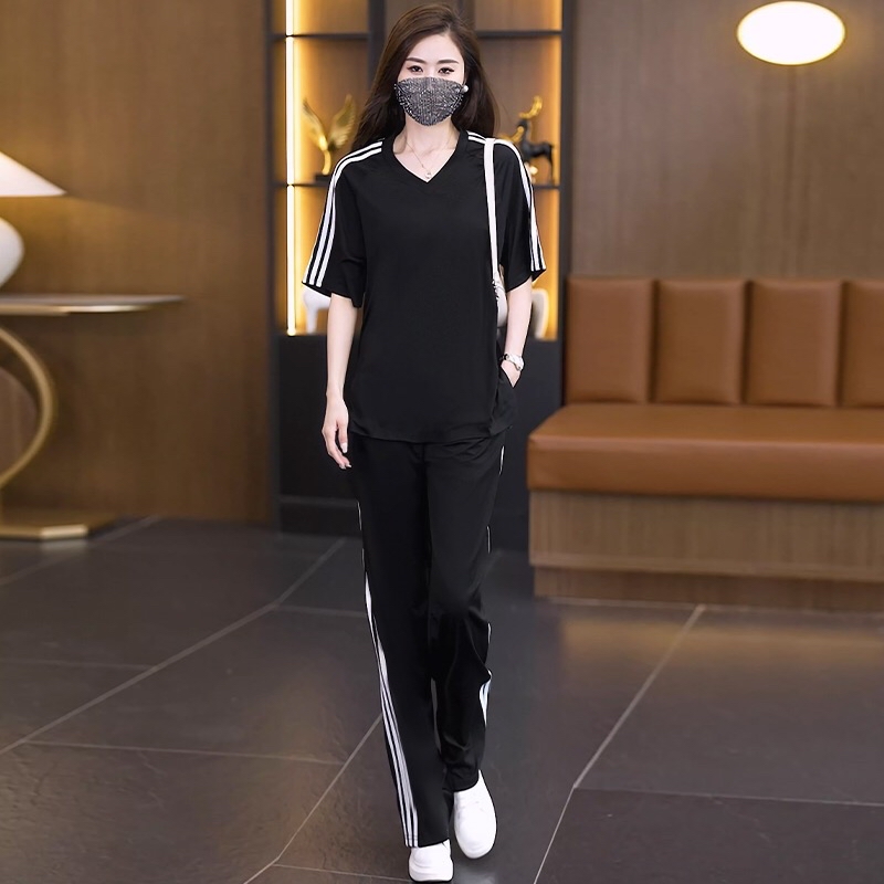 B191(2255) 韩系休闲运动风边撞色条纹上衣与长裤黑套装