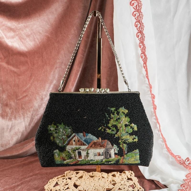 Vintage 1980-90s Beaded Storybook Cottage Handbag - New Old Stock (NA0782)