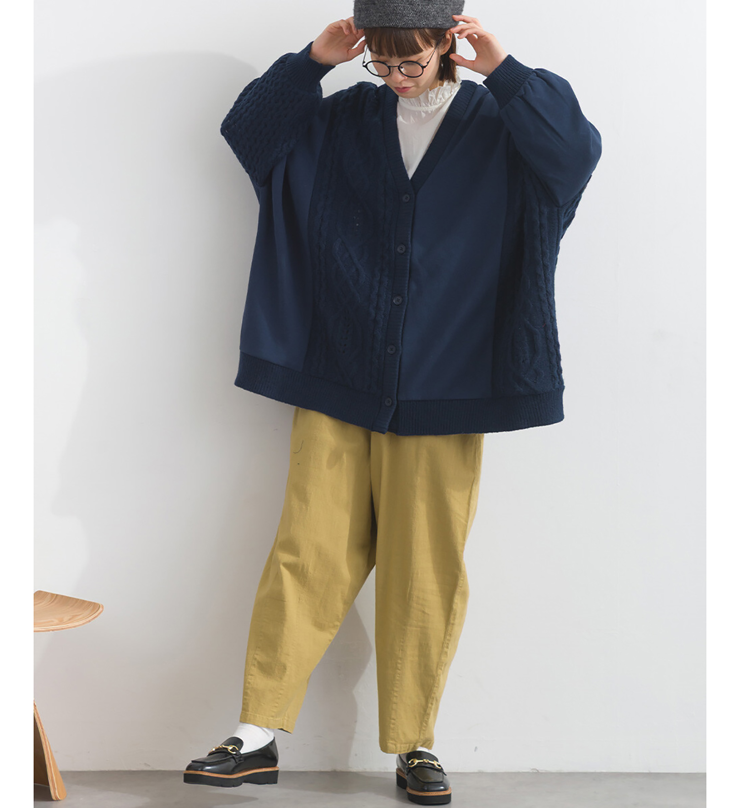 LP - 織紋拼接開襟外套 (深藍色)